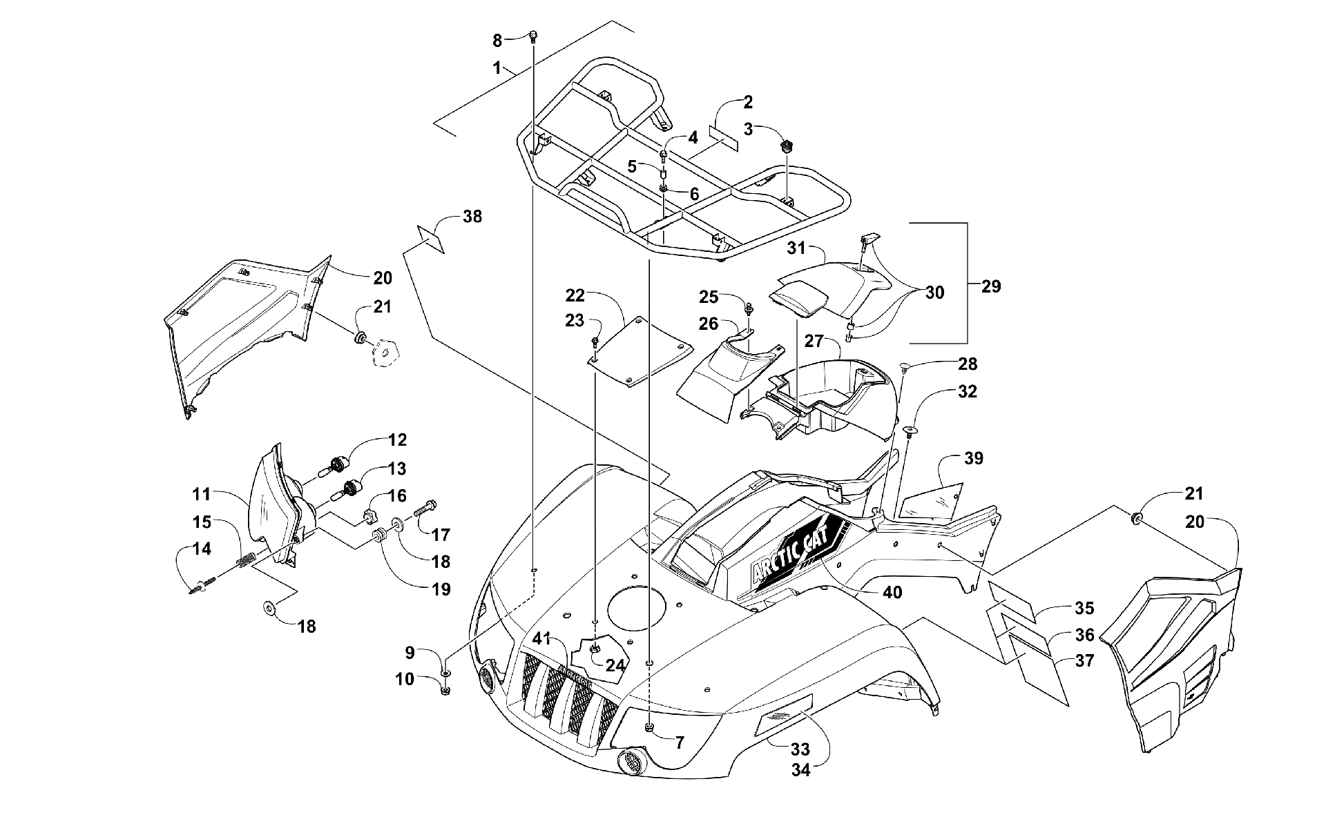 Передняя часть RACK, BODY PANEL, AND HEADLIGHT ASSEMBLIES [300990]