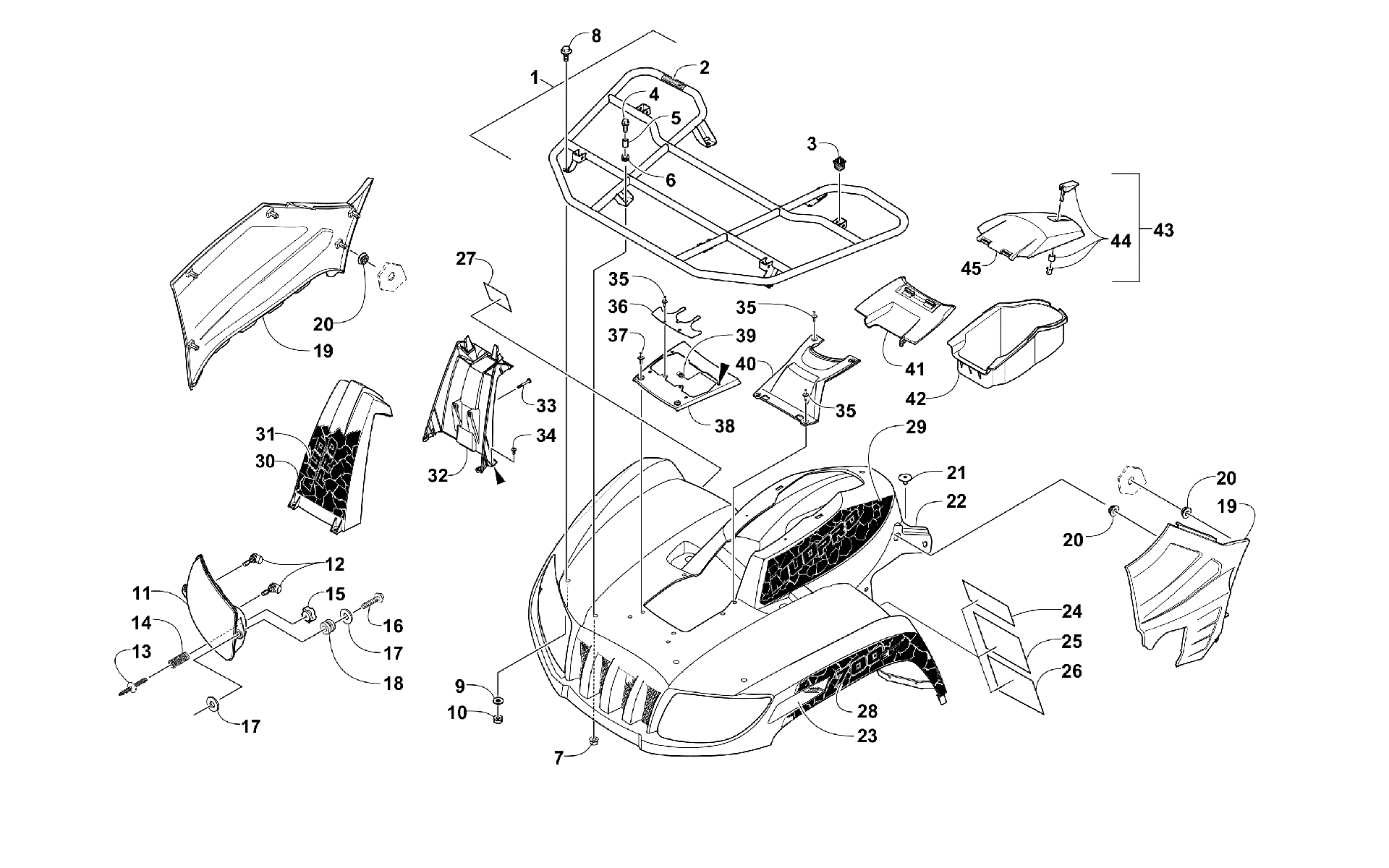 Передняя часть RACK, BODY PANEL, AND HEADLIGHT ASSEMBLIES [301142]