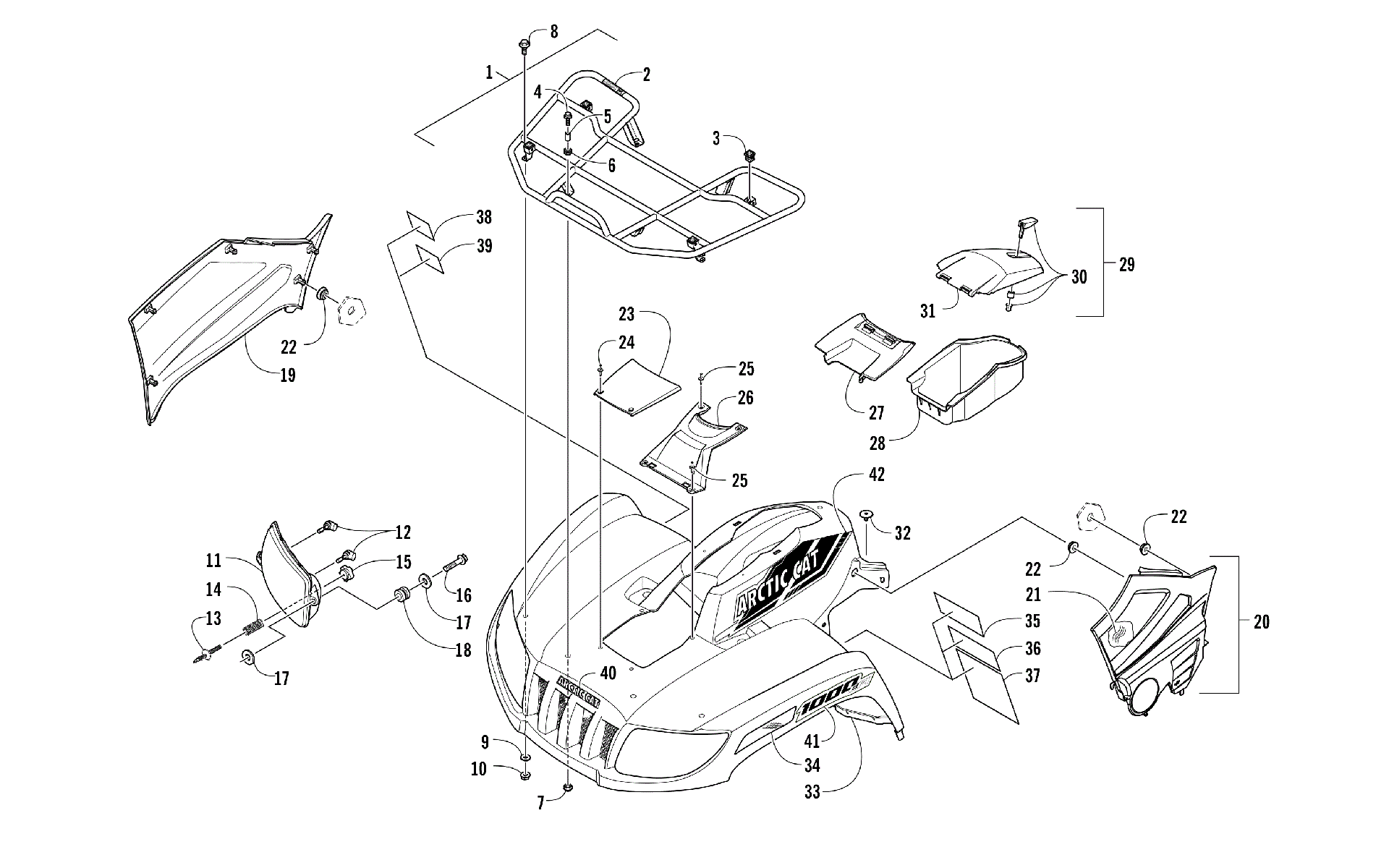Передняя часть RACK, BODY PANEL, AND HEADLIGHT ASSEMBLIES  [301024]