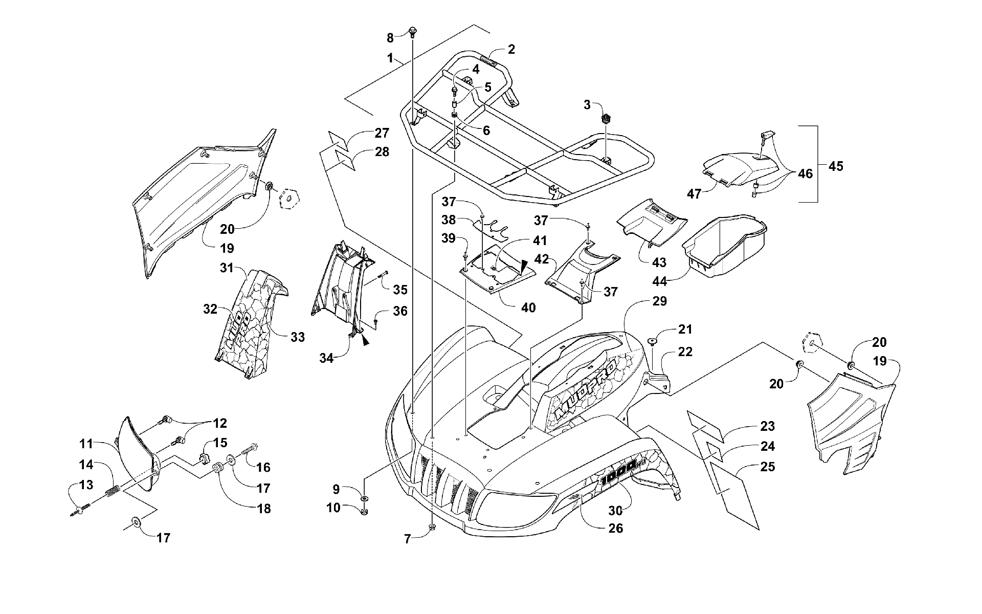Передняя часть RACK, BODY PANEL, AND HEADLIGHT ASSEMBLIES [301328]
