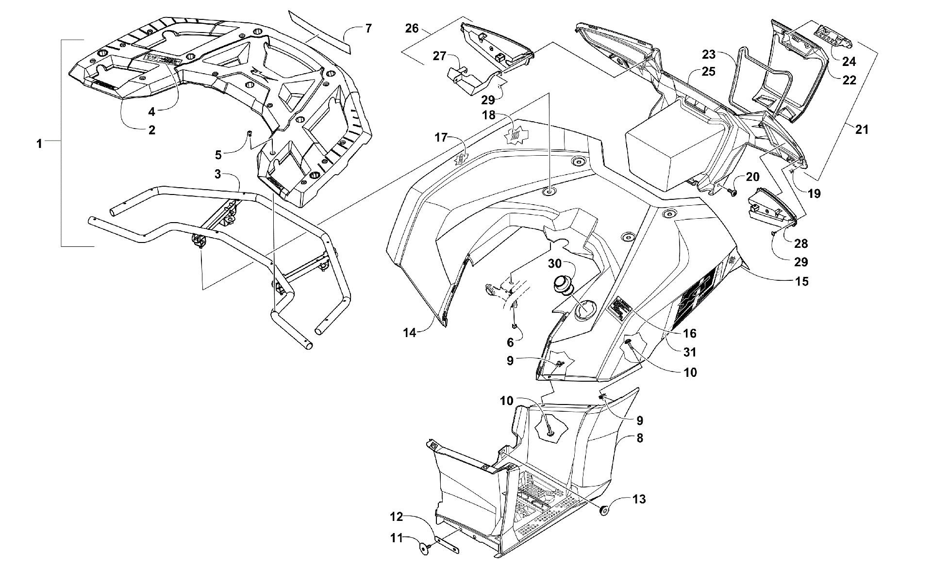 задний RACK, кузов PANEL, FOOTWELL, и TAILLIGHT ASSEMBLIES [301402]