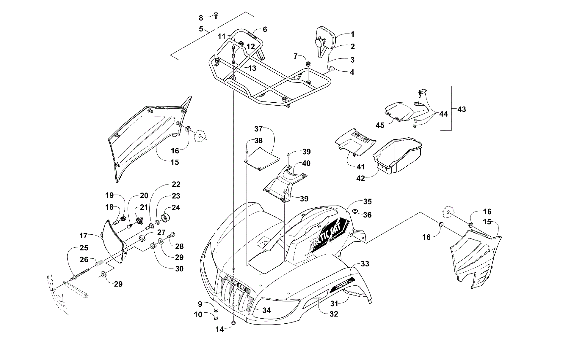 Передняя часть RACK, BODY PANEL, AND HEADLIGHT ASSEMBLIES [301157]
