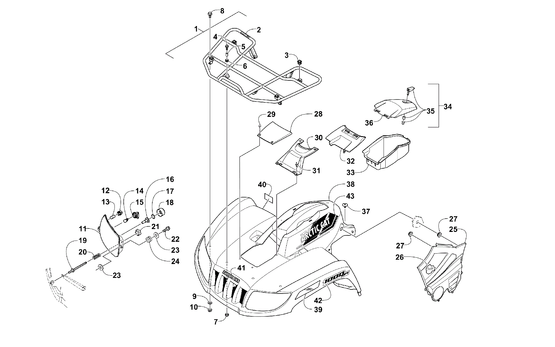 Передняя часть RACK, BODY PANEL, AND HEADLIGHT ASSEMBLIES [301031]