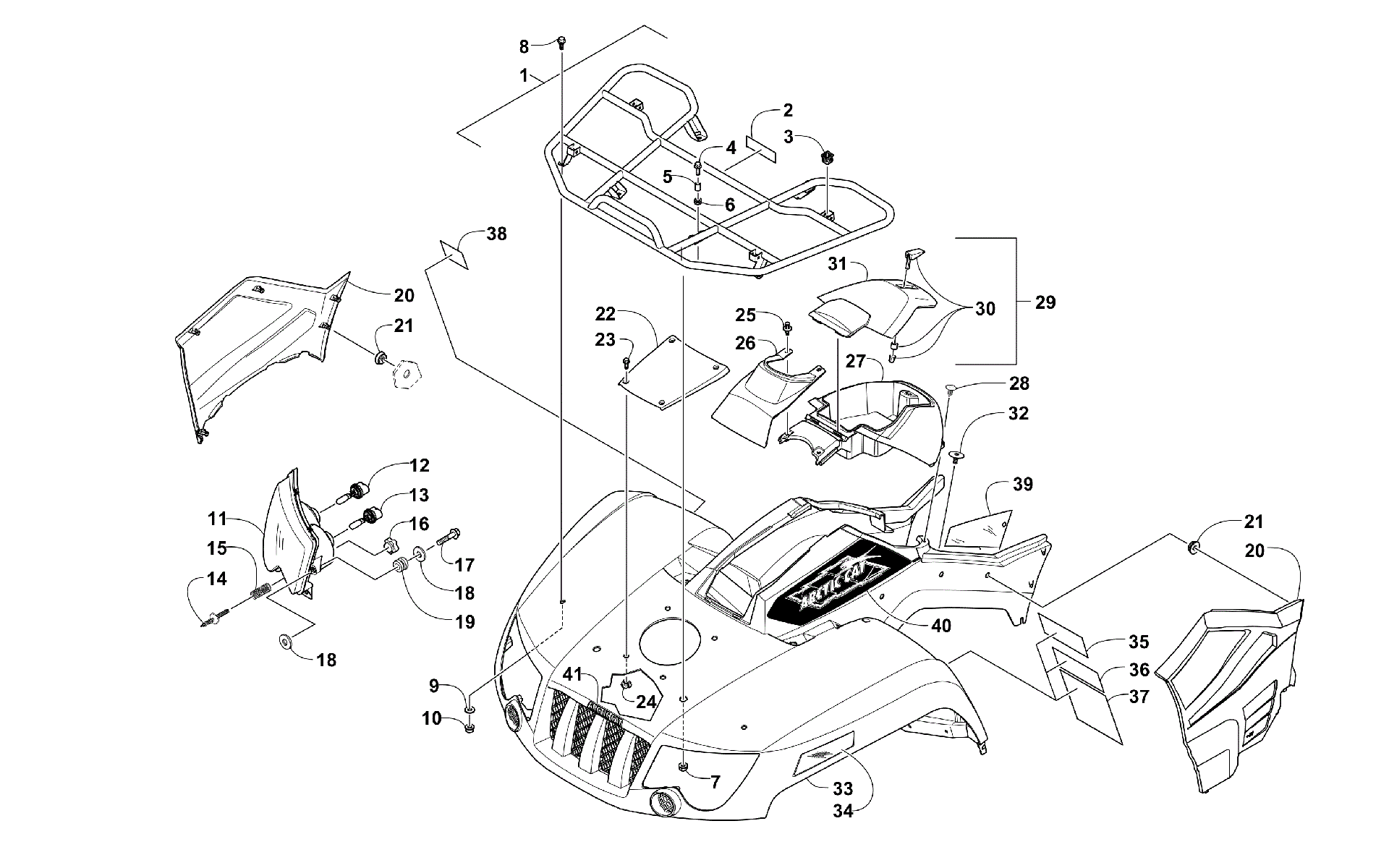 Передняя часть RACK, BODY PANEL, AND HEADLIGHT ASSEMBLIES [300547]