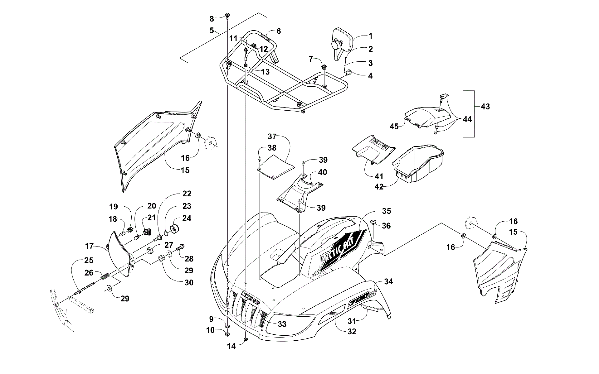 Передняя часть RACK, BODY PANEL, AND HEADLIGHT ASSEMBLIES [301069]