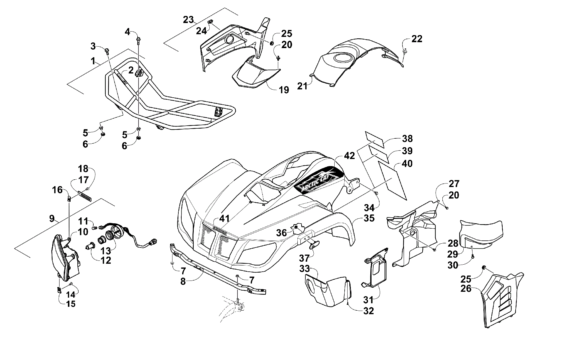 Передняя часть RACK, BODY PANEL, AND HEADLIGHT ASSEMBLIES [300589]