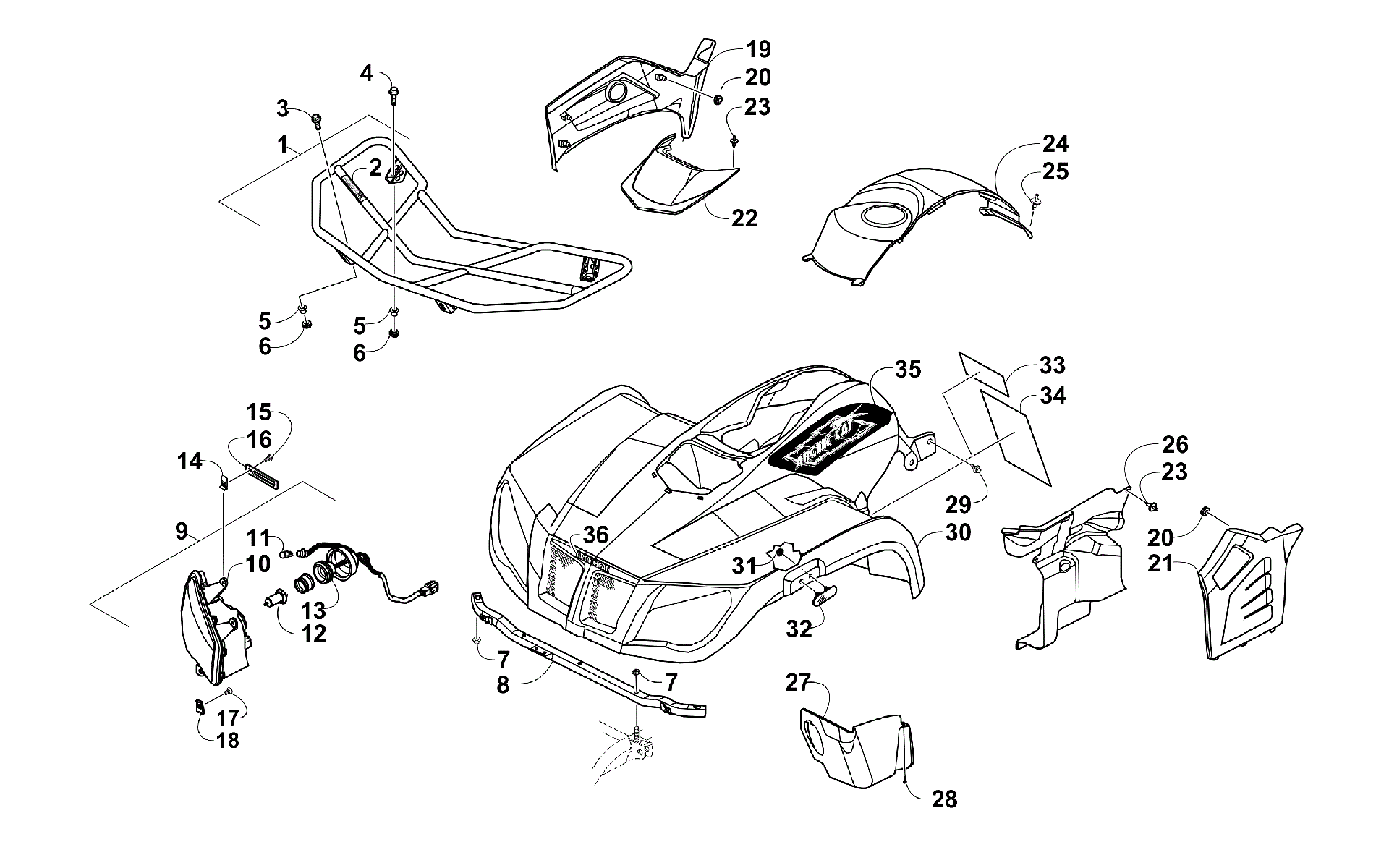 Передняя часть RACK, BODY PANEL, AND HEADLIGHT ASSEMBLIES [300618]
