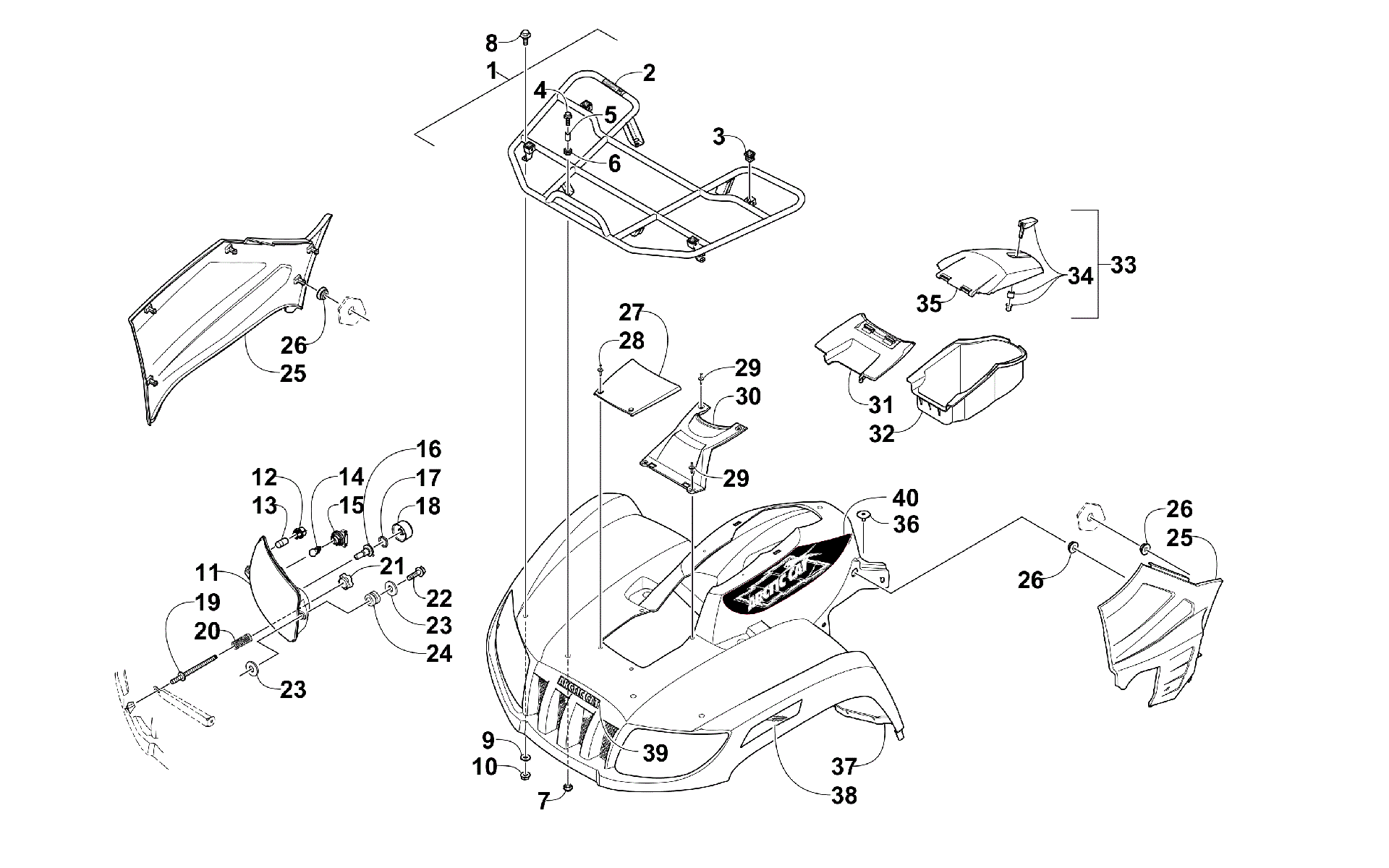 Передняя часть RACK, BODY PANEL, AND HEADLIGHT ASSEMBLIES [300598]