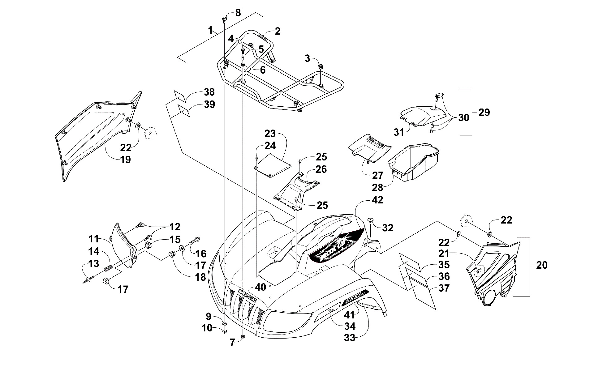 Передняя часть RACK, BODY PANEL, AND HEADLIGHT ASSEMBLIES [300320]
