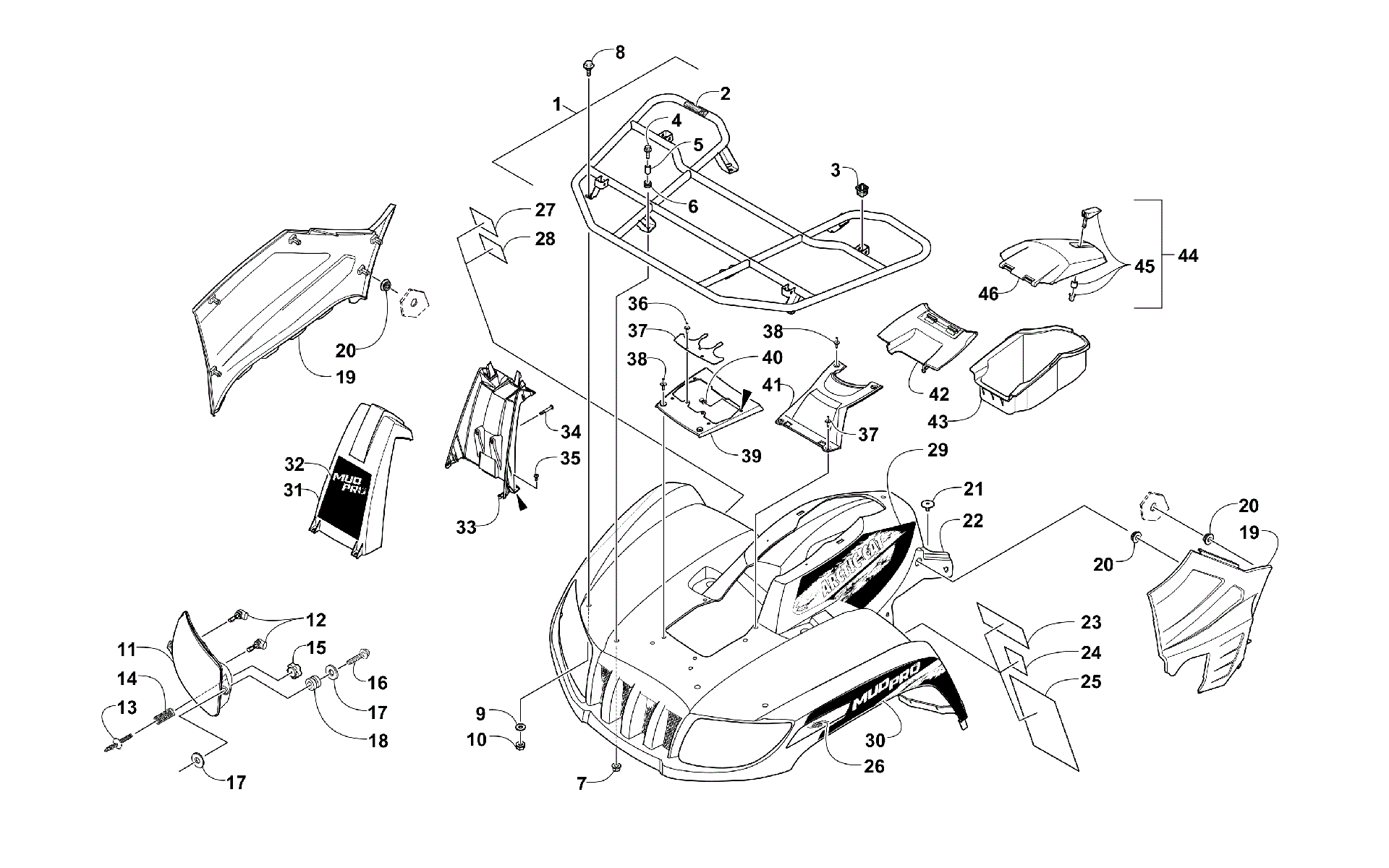 Передняя часть RACK, BODY PANEL, AND HEADLIGHT ASSEMBLIES [300338]