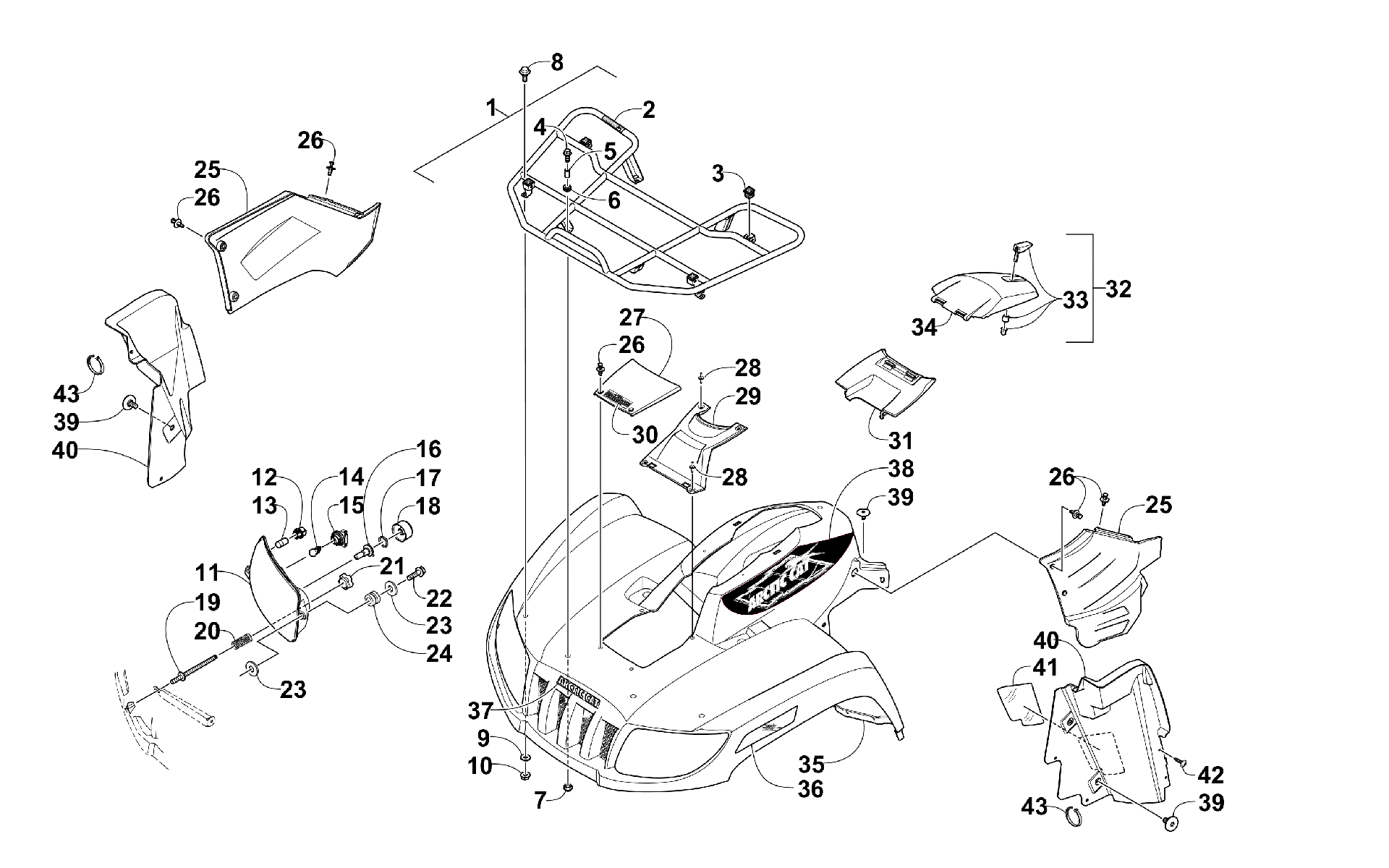 Передняя часть RACK, BODY PANEL, AND HEADLIGHT ASSEMBLIES [300934]