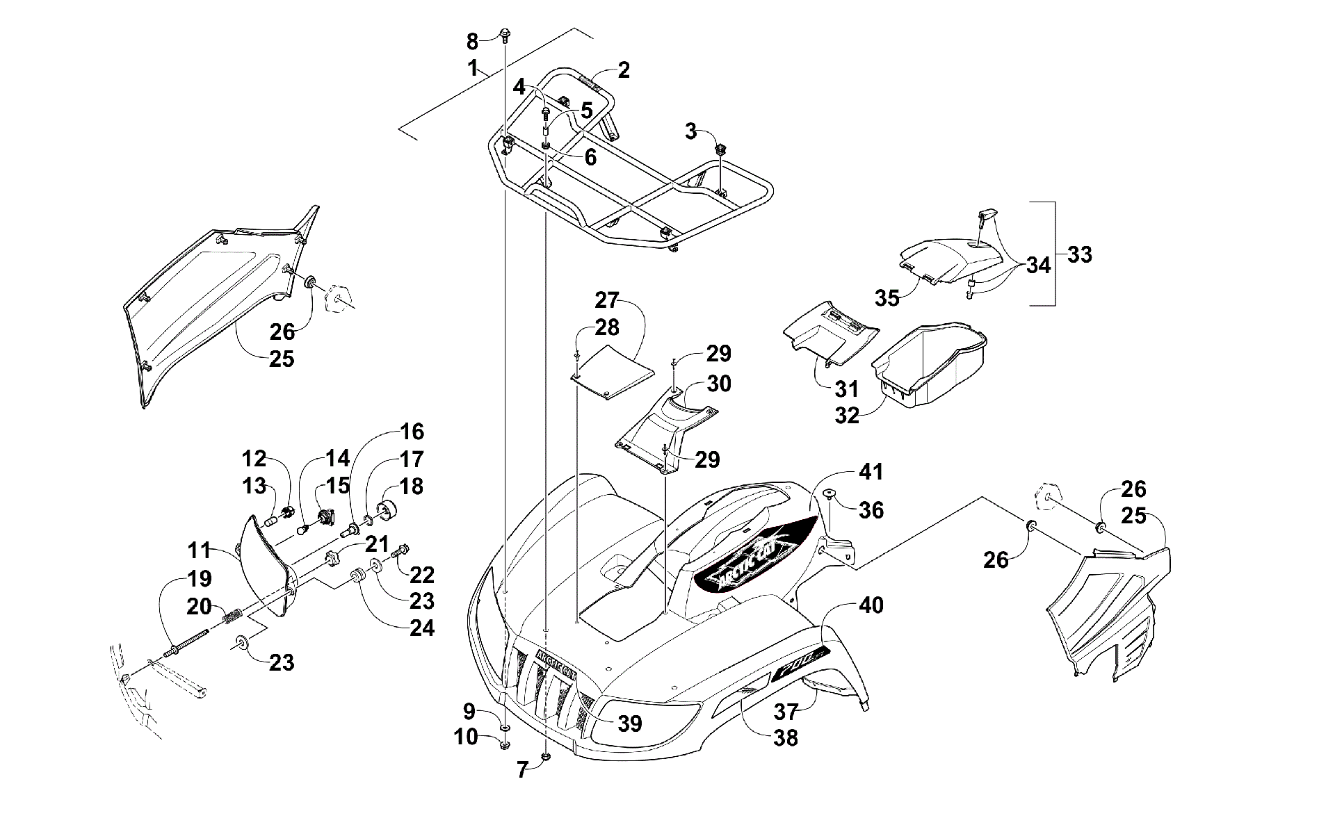 Передняя часть RACK, BODY PANEL, AND HEADLIGHT ASSEMBLIES [300672]