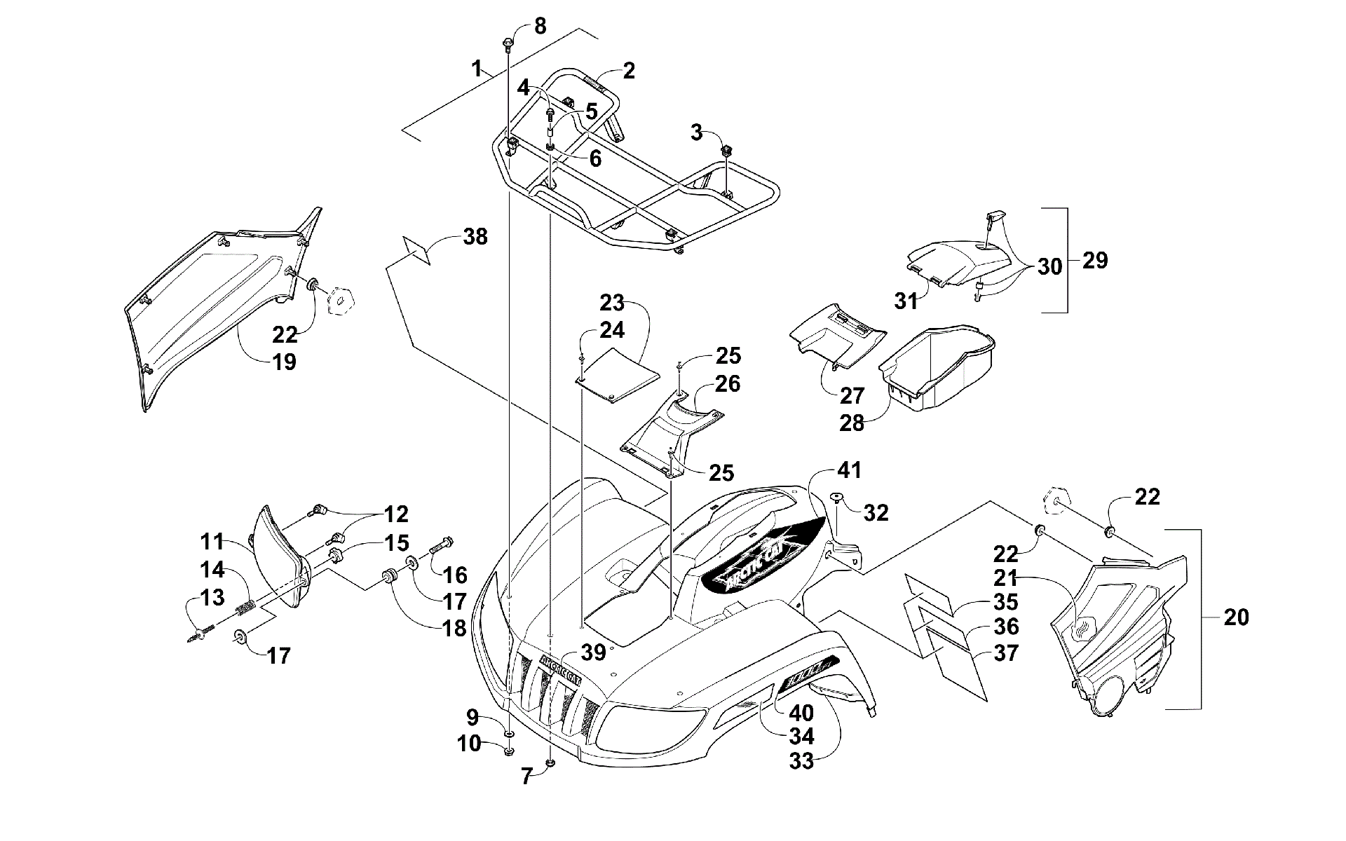 Передняя часть RACK, BODY PANEL, AND HEADLIGHT ASSEMBLIES [300350]