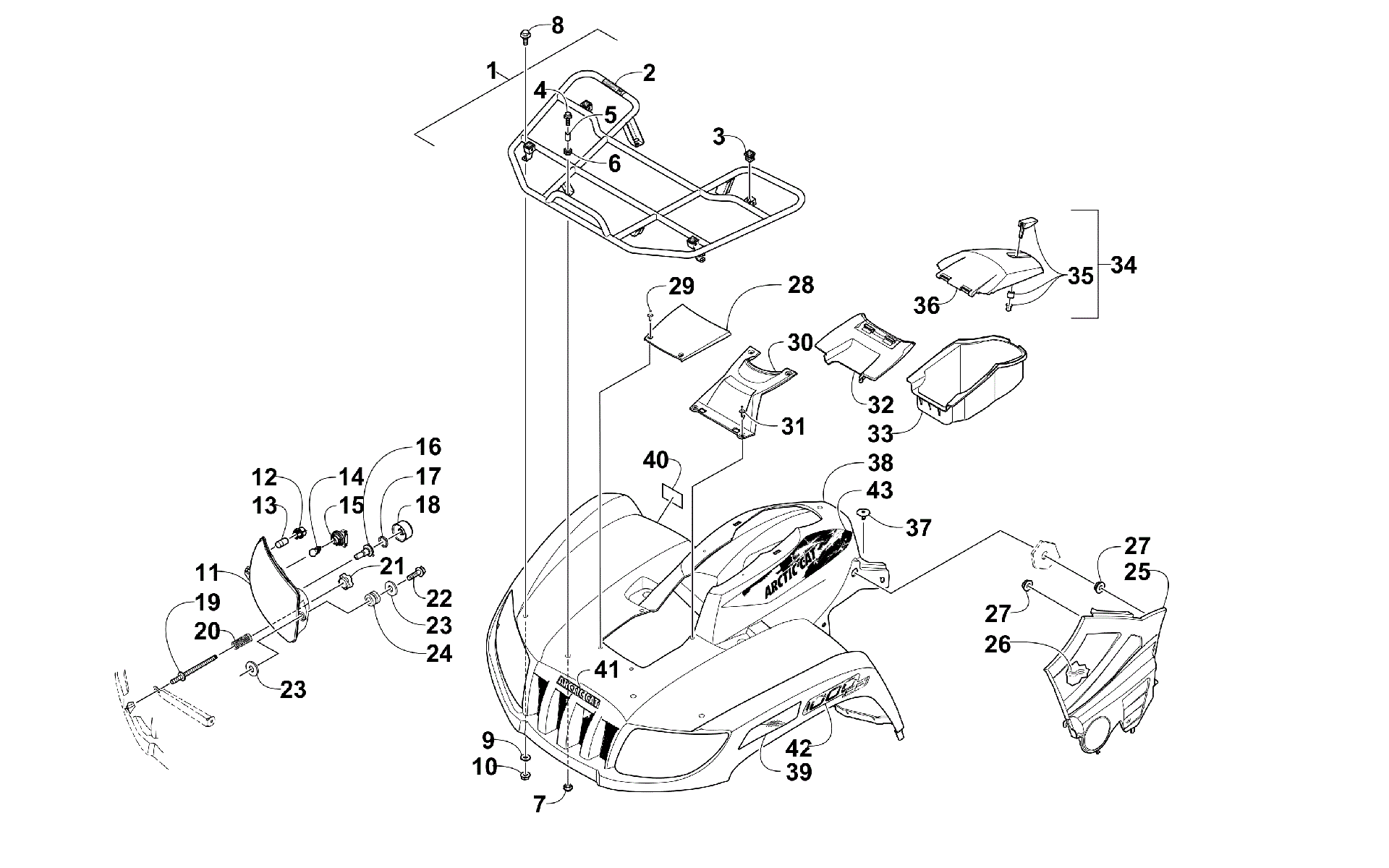 Передняя часть RACK, BODY PANEL, AND HEADLIGHT ASSEMBLIES [300691]