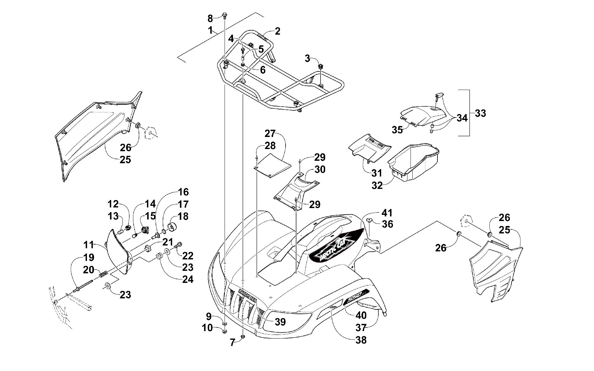 Передняя часть RACK, BODY PANEL, AND HEADLIGHT ASSEMBLIES [300665]