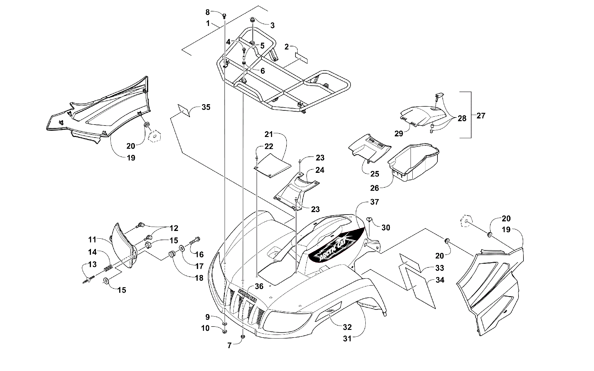 Передняя часть RACK, BODY PANEL, AND HEADLIGHT ASSEMBLIES [300561]
