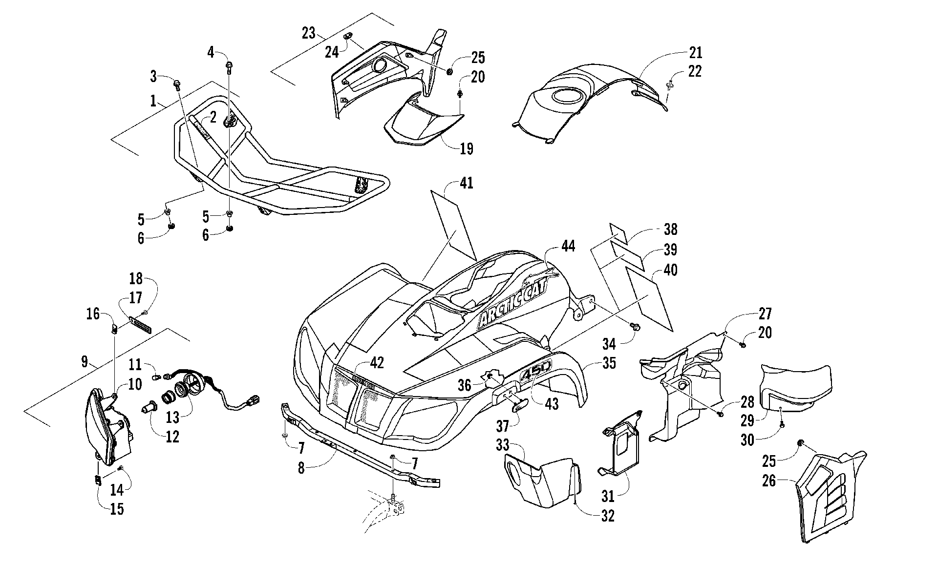 Передняя часть RACK, BODY PANEL, AND HEADLIGHT ASSEMBLIES [100370]