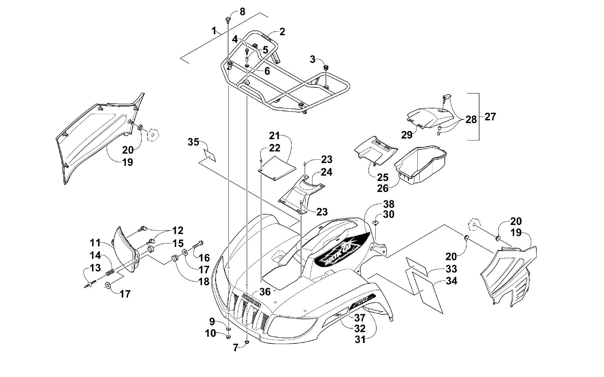 Передняя часть RACK, BODY PANEL, AND HEADLIGHT ASSEMBLIES [300067]