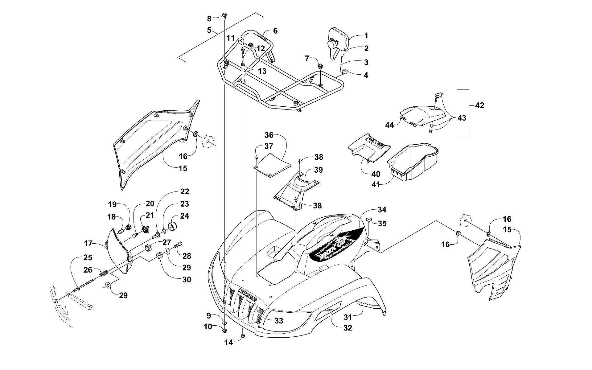 Передняя часть RACK, BODY PANEL, AND HEADLIGHT ASSEMBLIES [300948]
