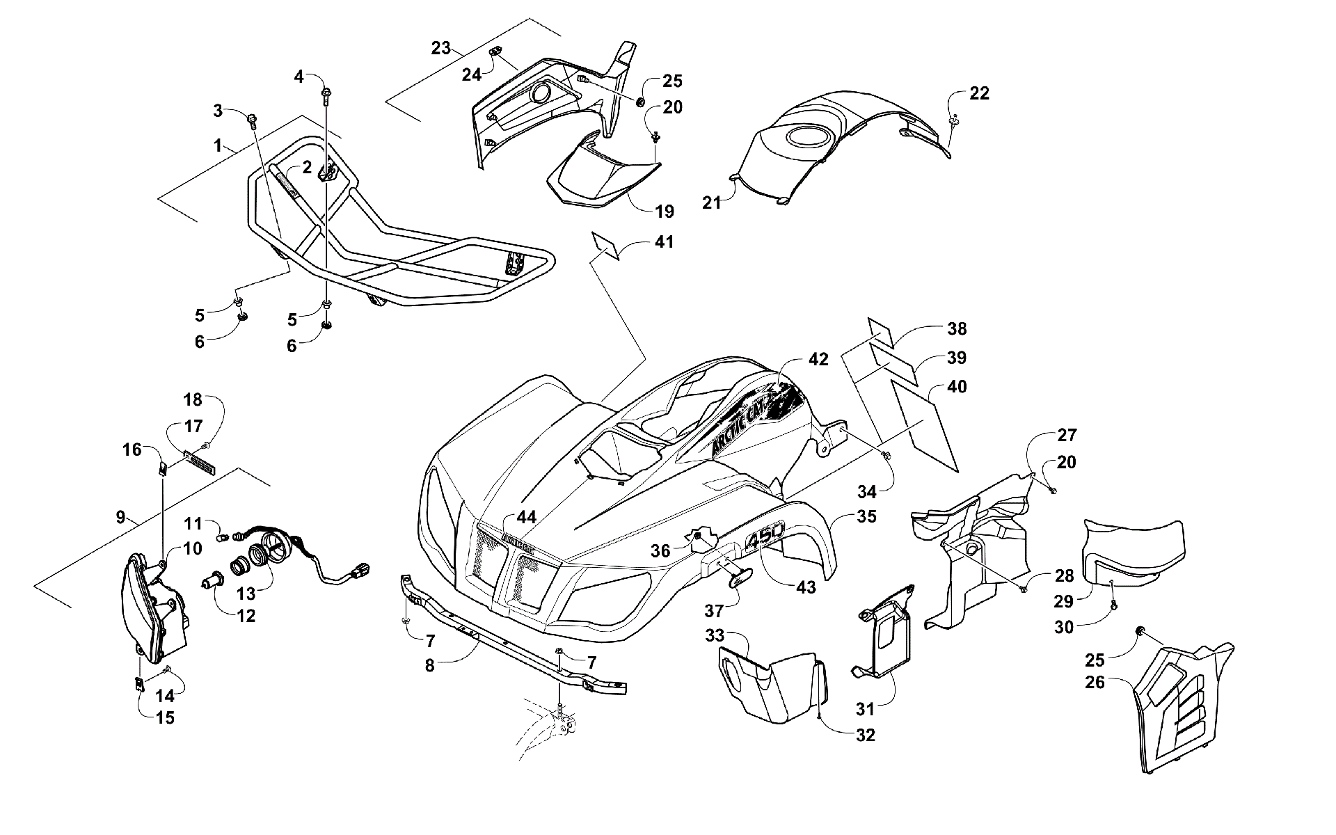 Передняя часть RACK, BODY PANEL, AND HEADLIGHT ASSEMBLIES [100489]
