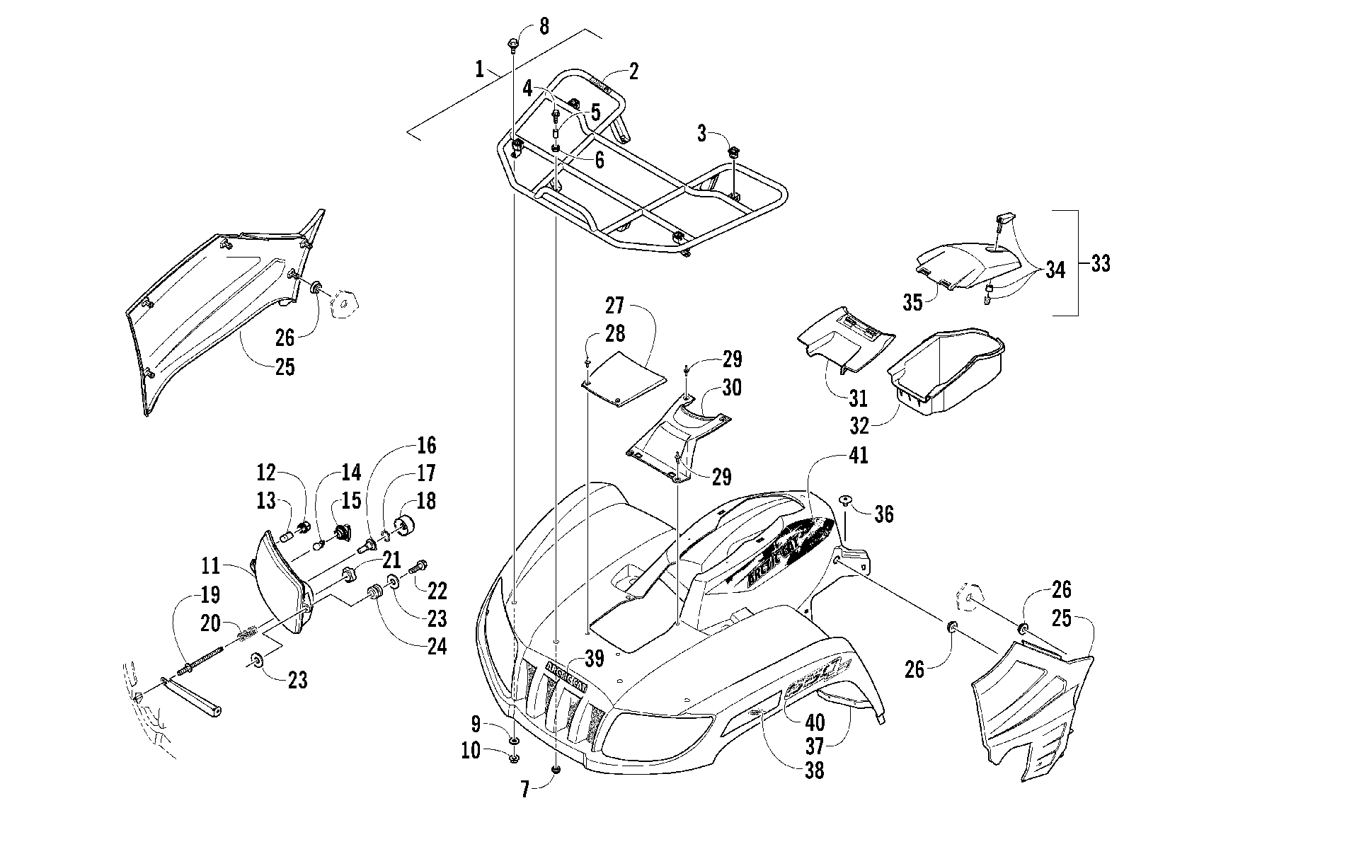 Передняя часть RACK, BODY PANEL, AND HEADLIGHT ASSEMBLIES [99814]