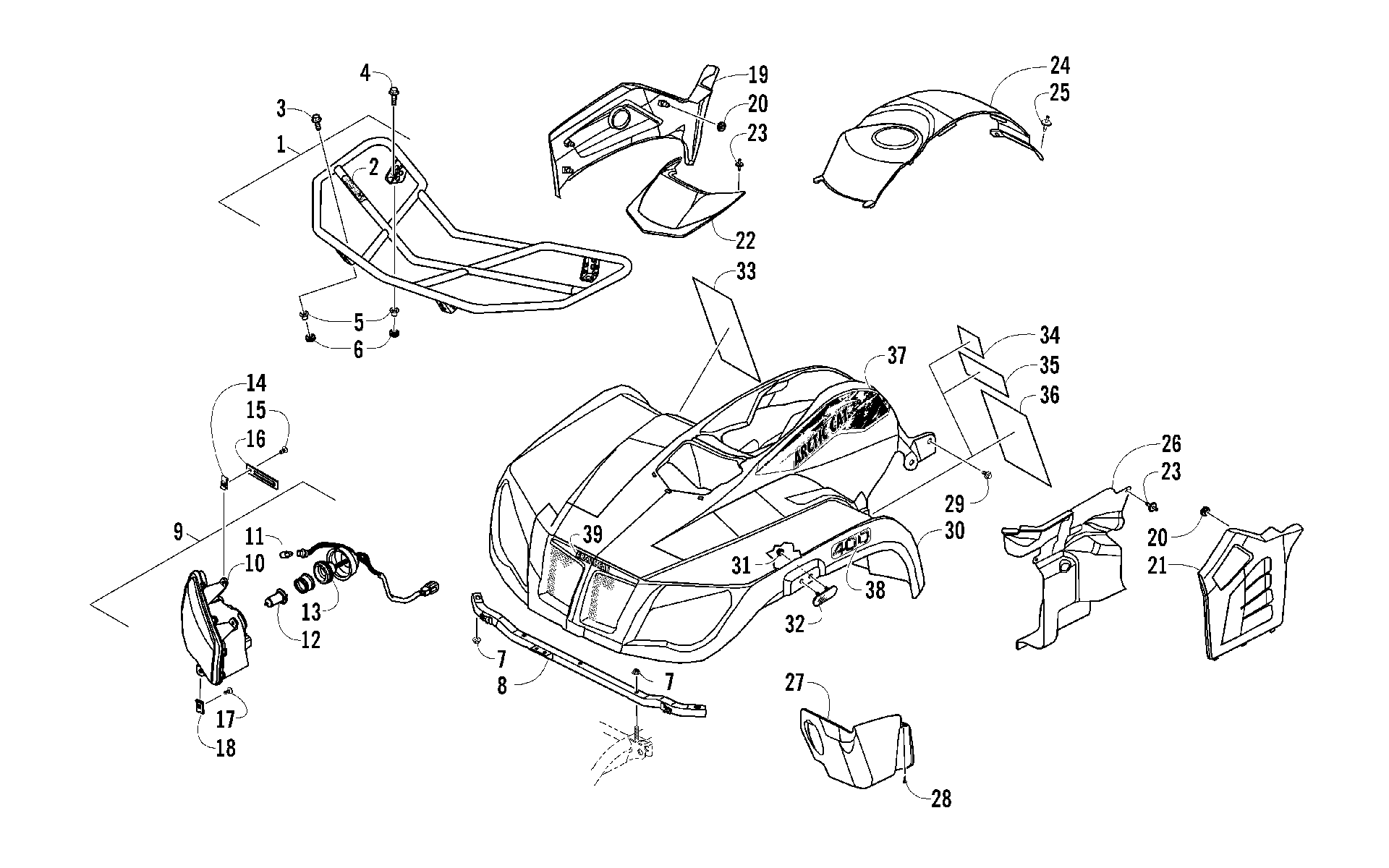 Передняя часть RACK, BODY PANEL, AND HEADLIGHT ASSEMBLIES [100399]