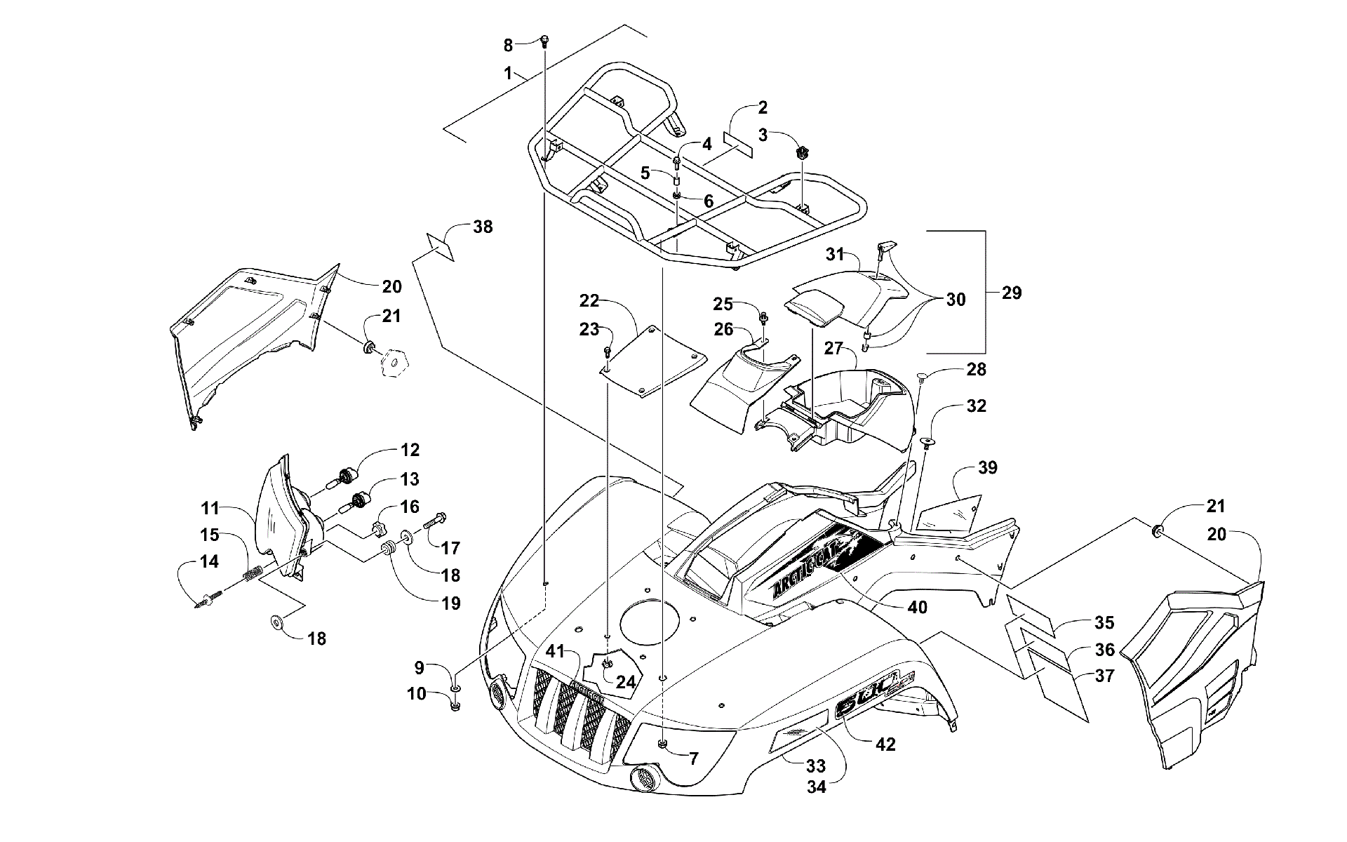 Передняя часть RACK, BODY PANEL, AND HEADLIGHT ASSEMBLIES [99941]