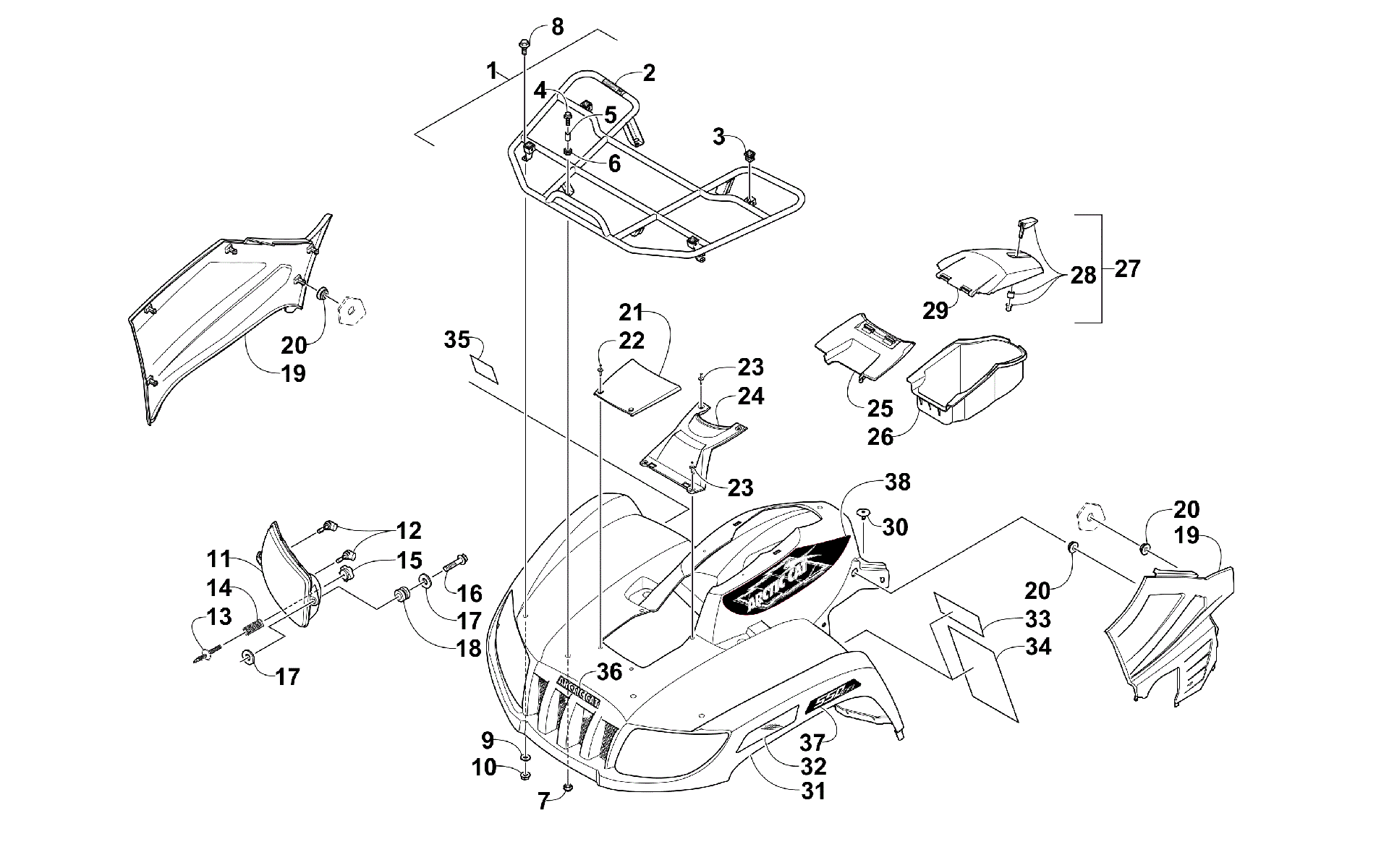 Передняя часть RACK, BODY PANEL, AND HEADLIGHT ASSEMBLIES [300188]