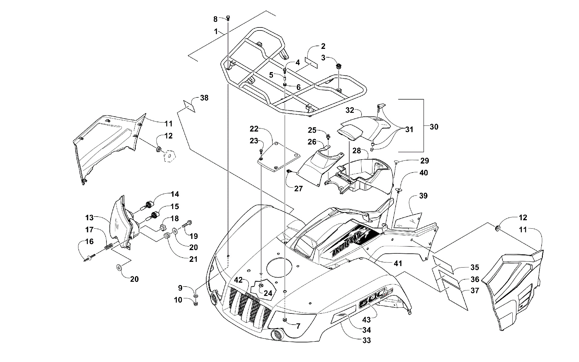 Передняя часть RACK, BODY PANEL, AND HEADLIGHT ASSEMBLIES [99971]