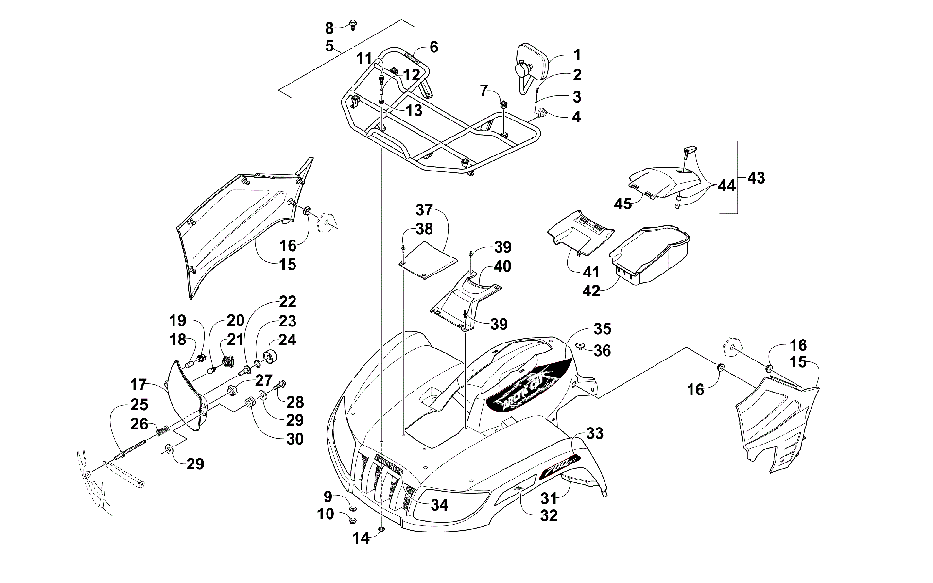 Передняя часть RACK, BODY PANEL, AND HEADLIGHT ASSEMBLIES [300629]