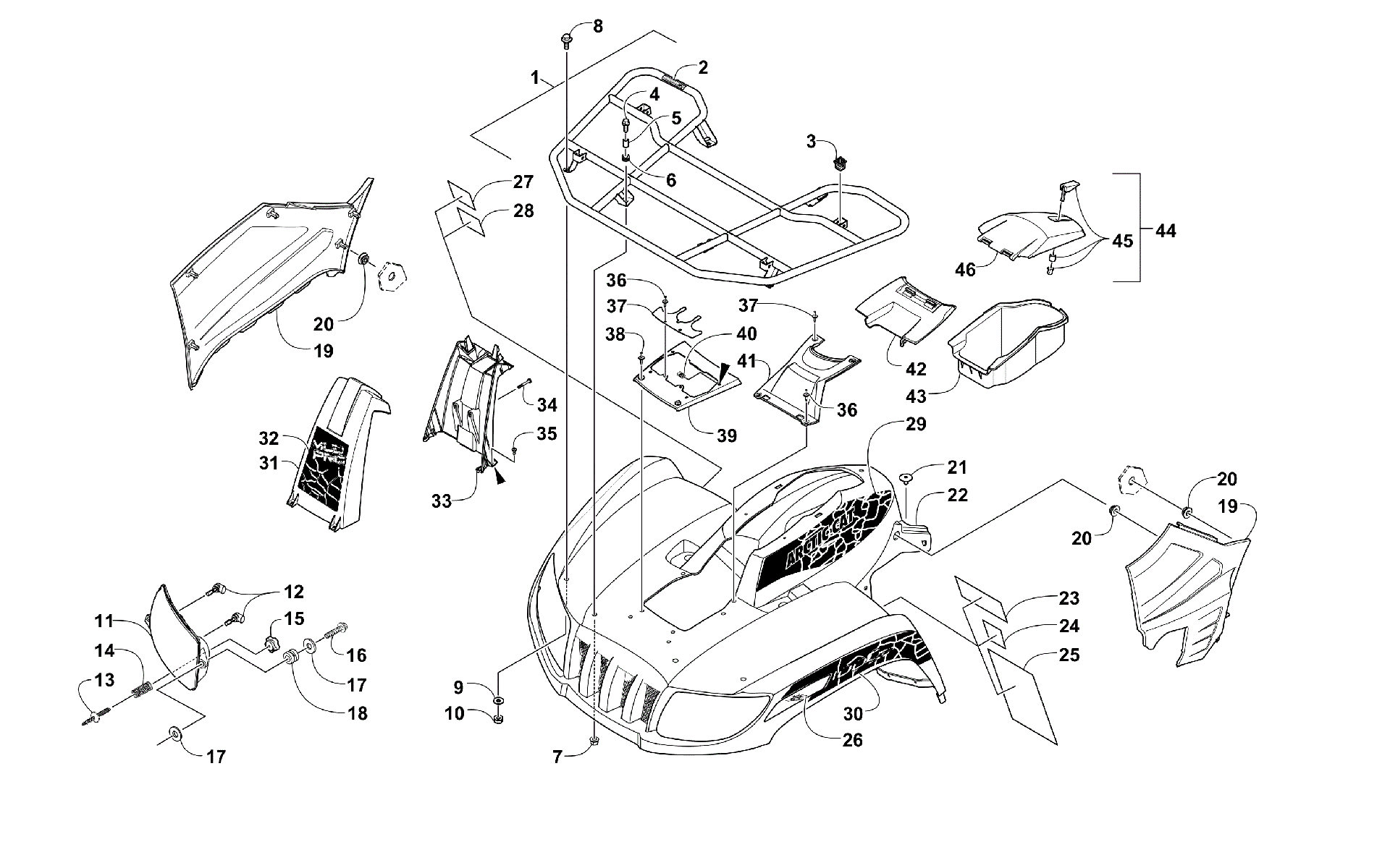 Передняя часть RACK, BODY PANEL, AND HEADLIGHT ASSEMBLIES [99827]