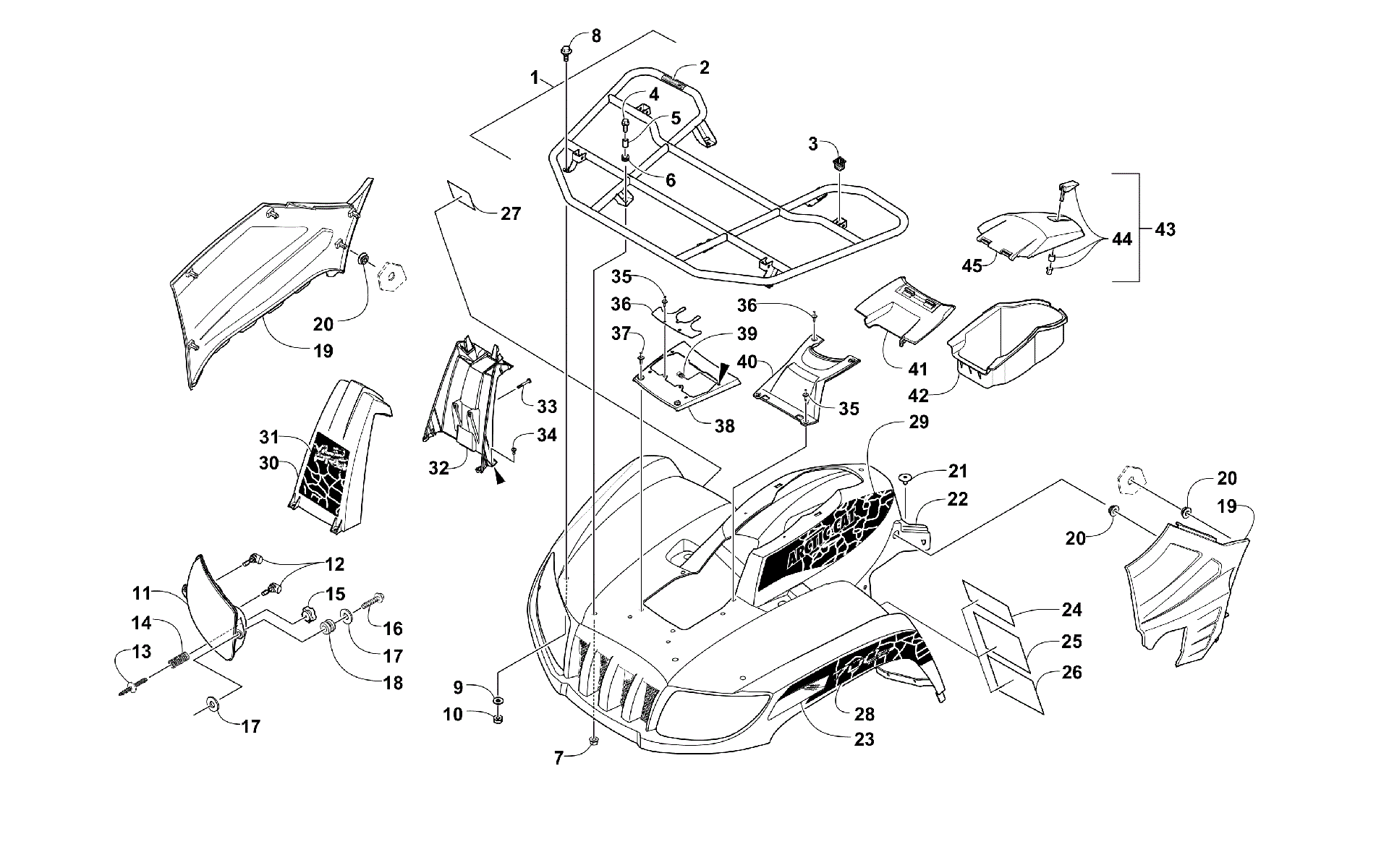 Передняя часть RACK, BODY PANEL, AND HEADLIGHT ASSEMBLIES [100337]