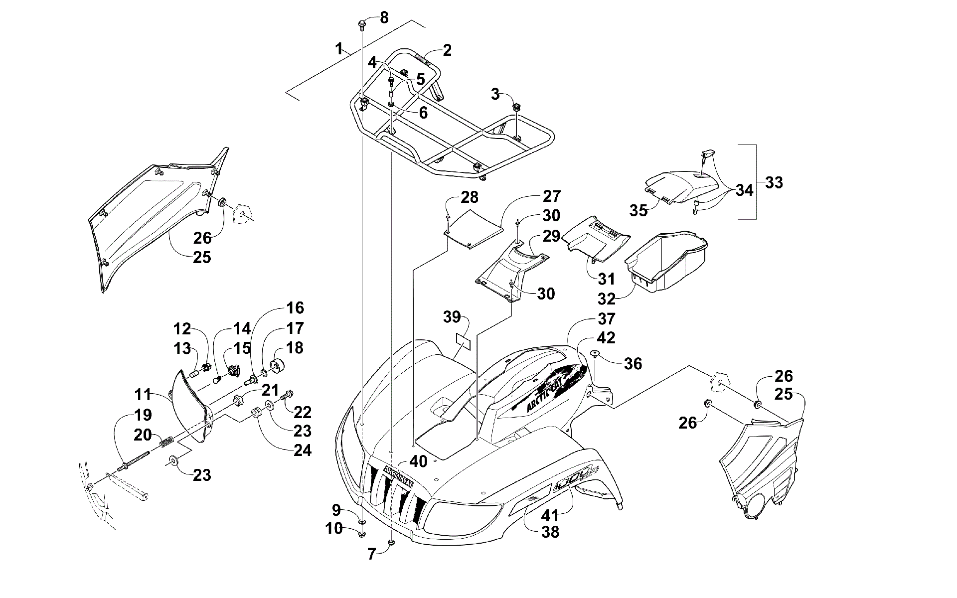 Передняя часть RACK, BODY PANEL, AND HEADLIGHT ASSEMBLIES [100147]