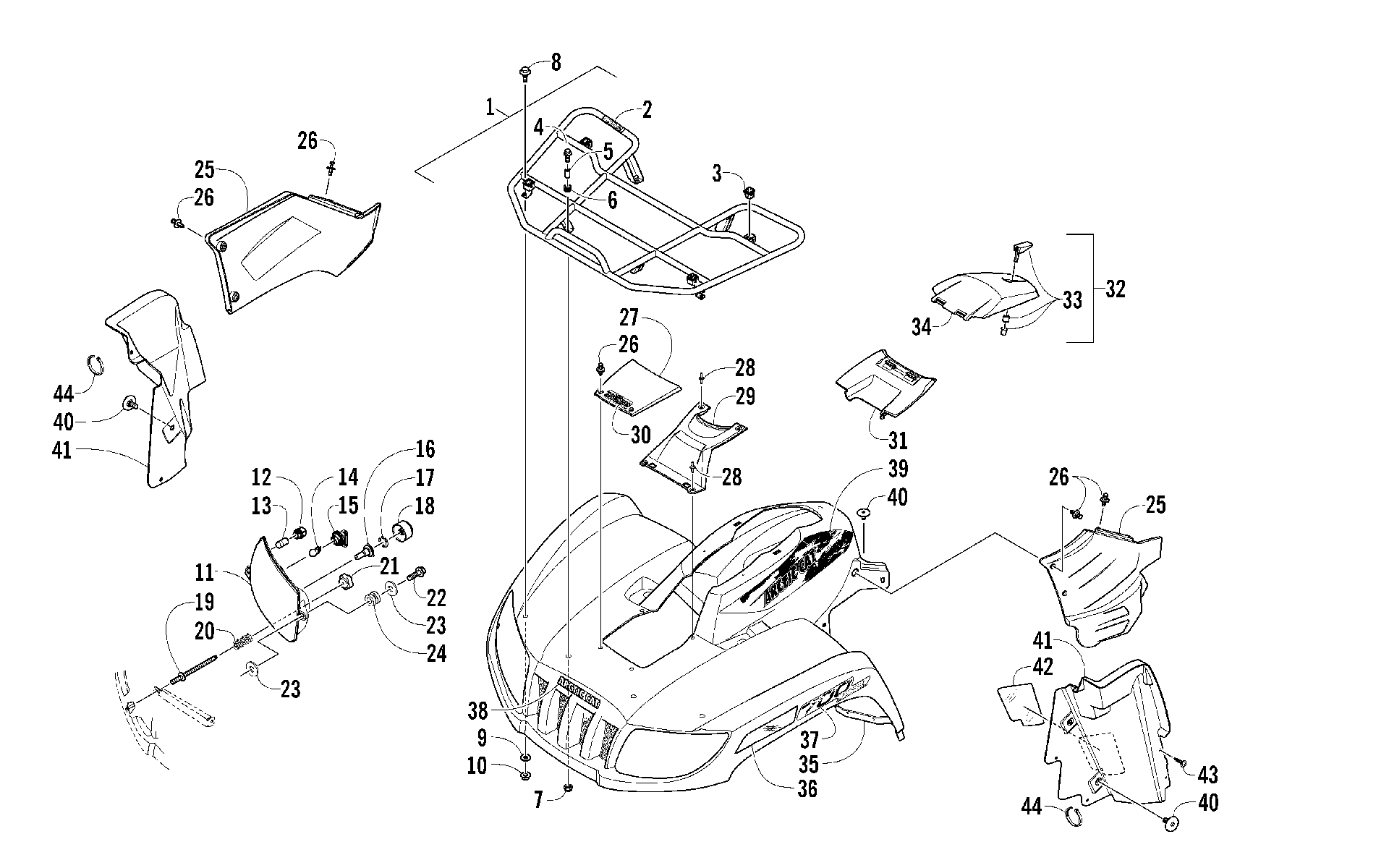Передняя часть RACK, BODY PANEL, AND HEADLIGHT ASSEMBLIES [100301]