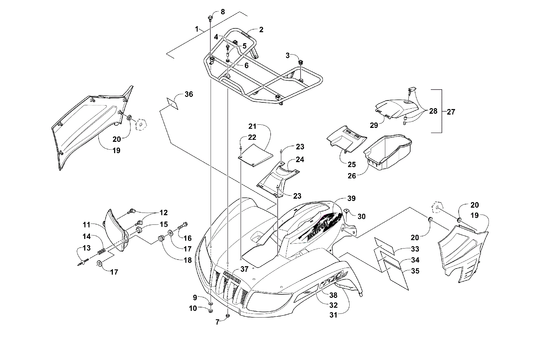 Передняя часть RACK, BODY PANEL, AND HEADLIGHT ASSEMBLIES [100245]