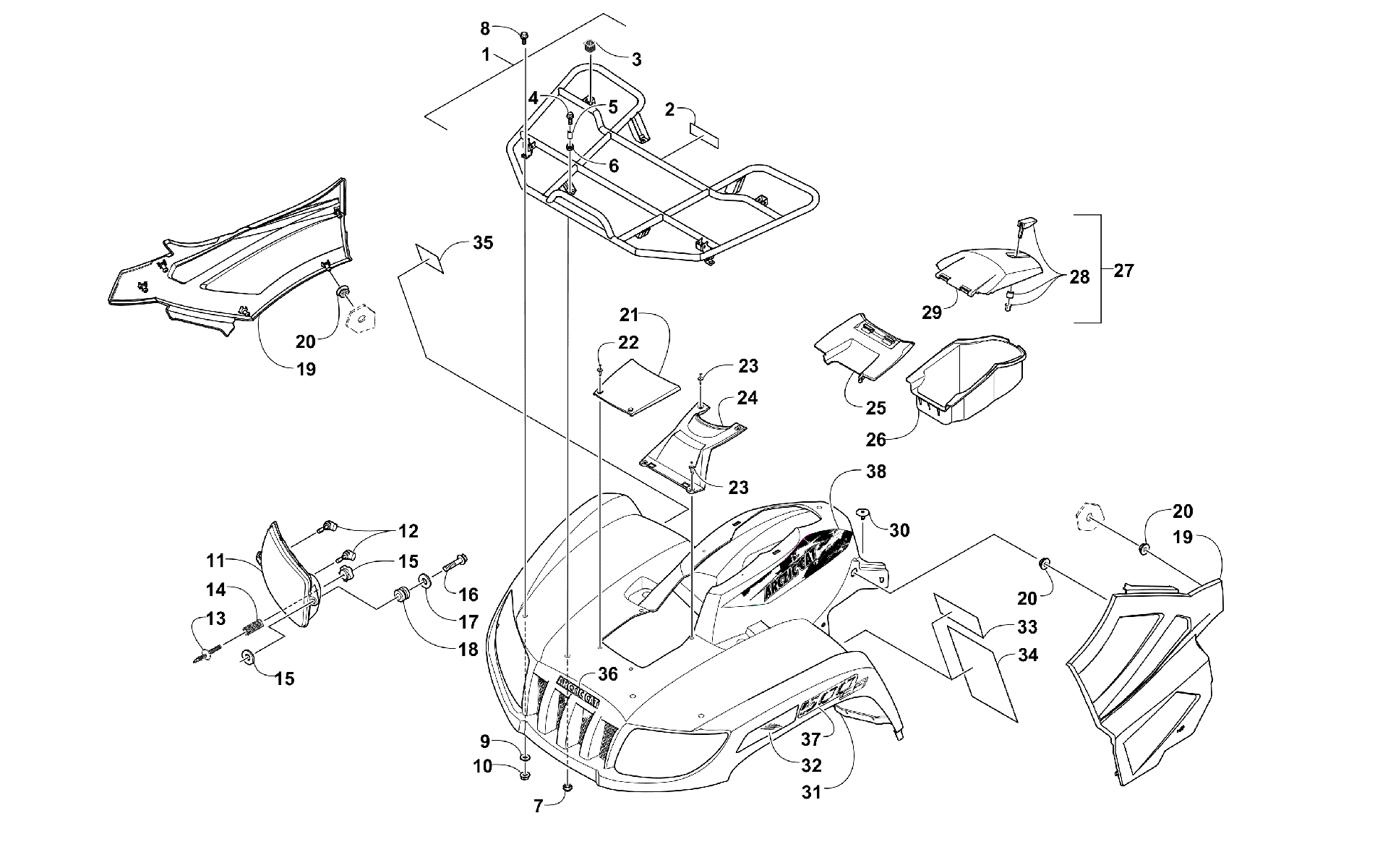 Передняя часть RACK, BODY PANEL, AND HEADLIGHT ASSEMBLIES [100075]