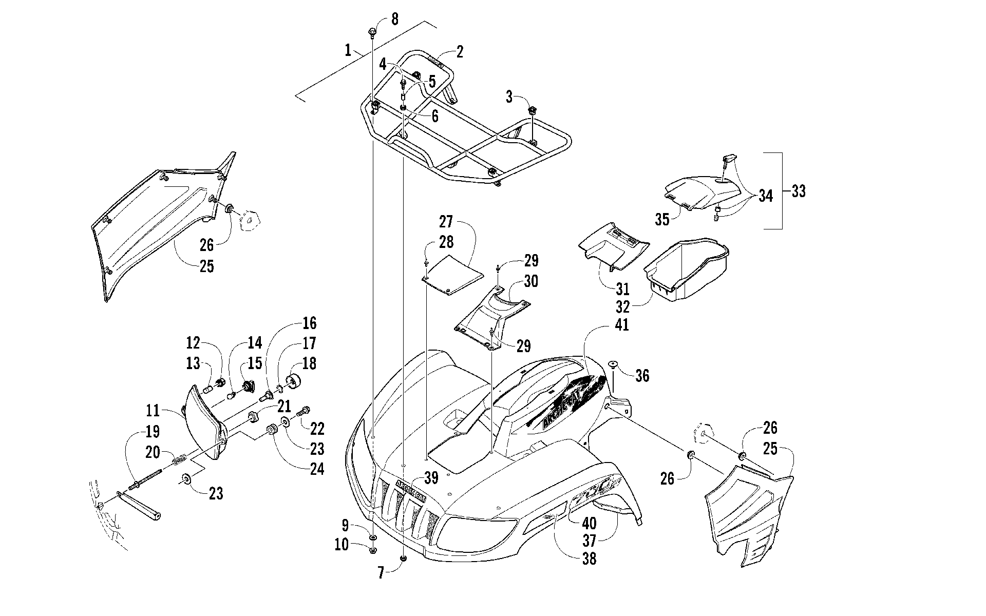 Передняя часть RACK, BODY PANEL, AND HEADLIGHT ASSEMBLIES [100272]