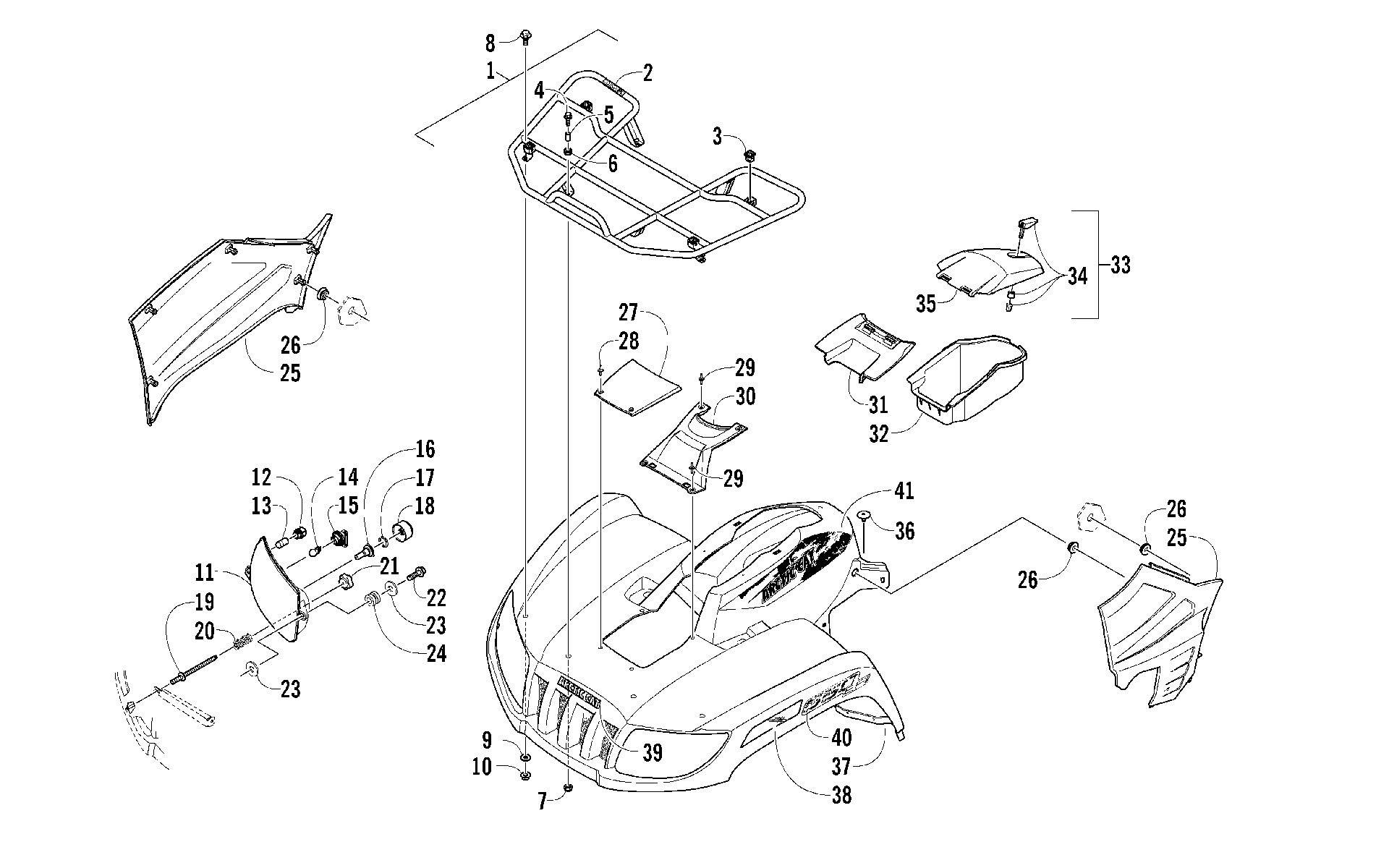 Передняя часть RACK, BODY PANEL, AND HEADLIGHT ASSEMBLIES [100482]