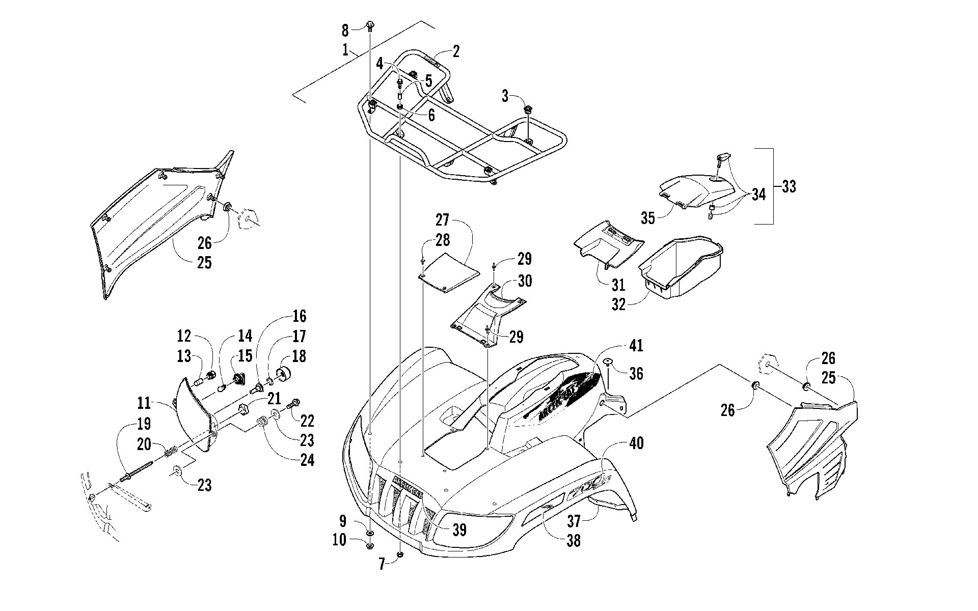 Передняя часть RACK, BODY PANEL, AND HEADLIGHT ASSEMBLIES [100215]