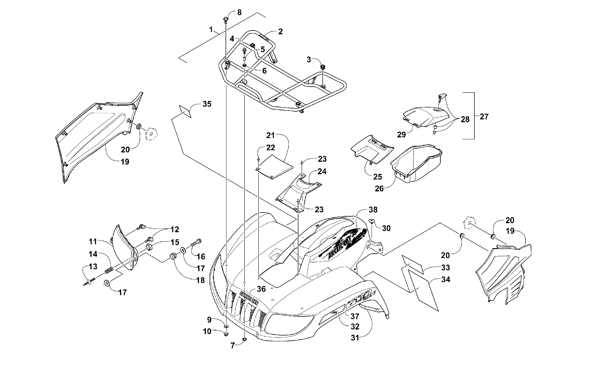 Передняя часть RACK, BODY PANEL, AND HEADLIGHT ASSEMBLIES [100199]