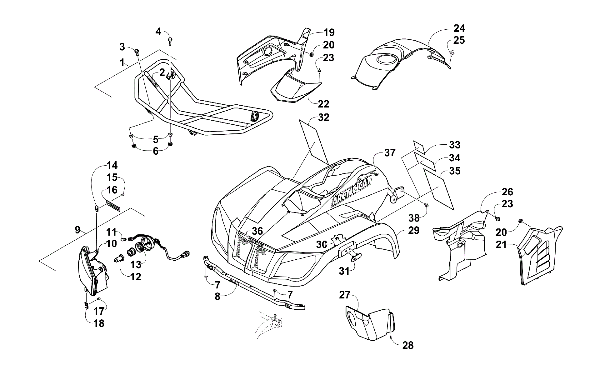 Передняя часть RACK, BODY PANEL, AND HEADLIGHT ASSEMBLIES [98393]