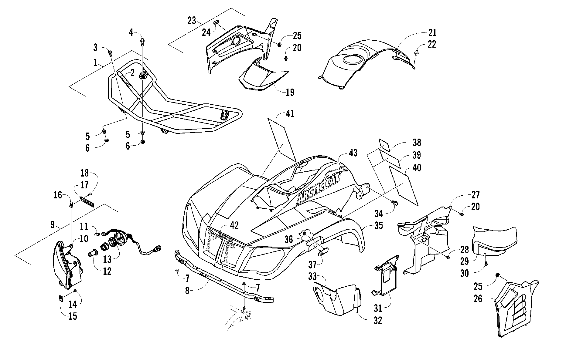 Передняя часть RACK, BODY PANEL, AND HEADLIGHT ASSEMBLIES [98359]