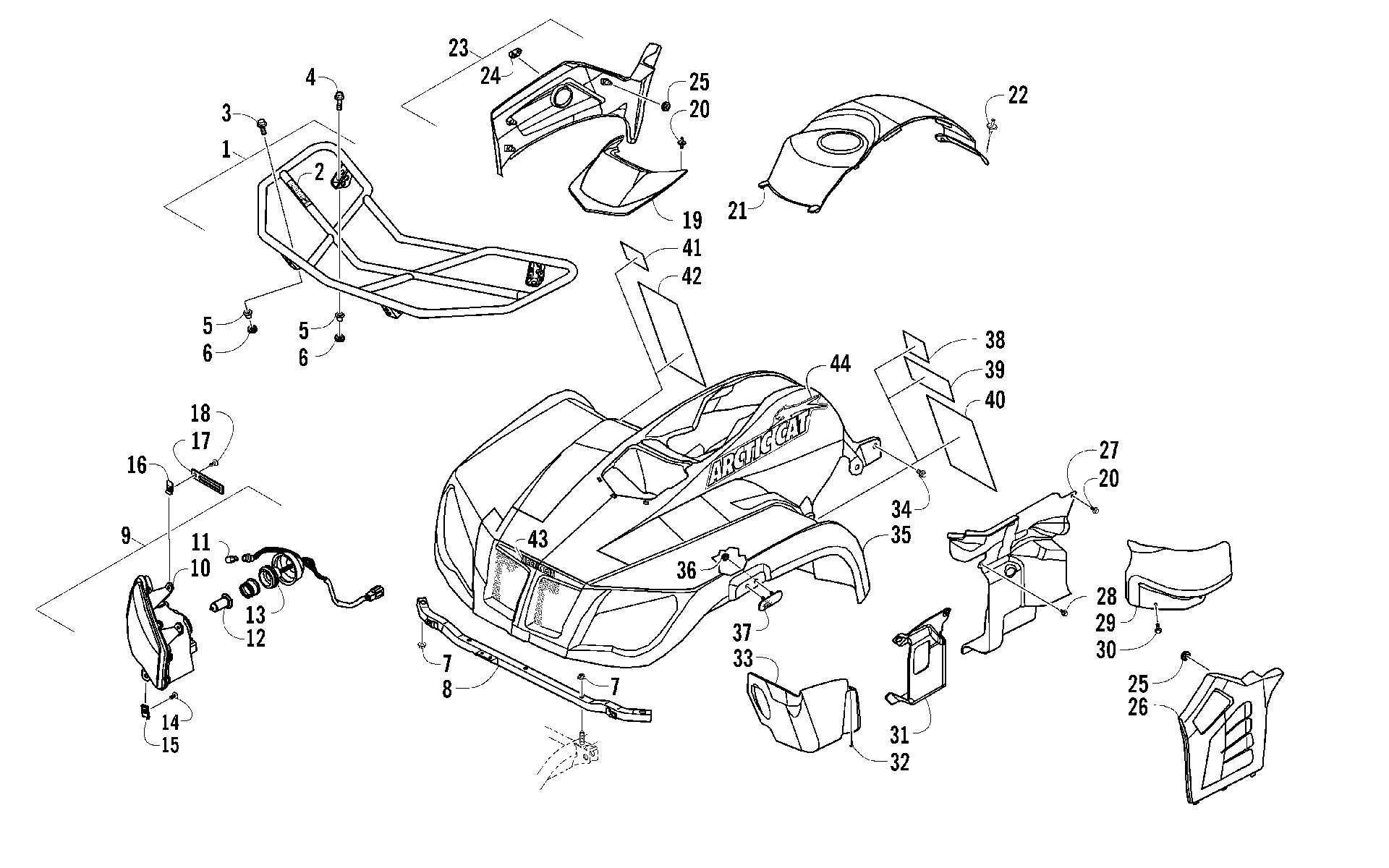 Передняя часть RACK, BODY PANEL, AND HEADLIGHT ASSEMBLIES [97667]