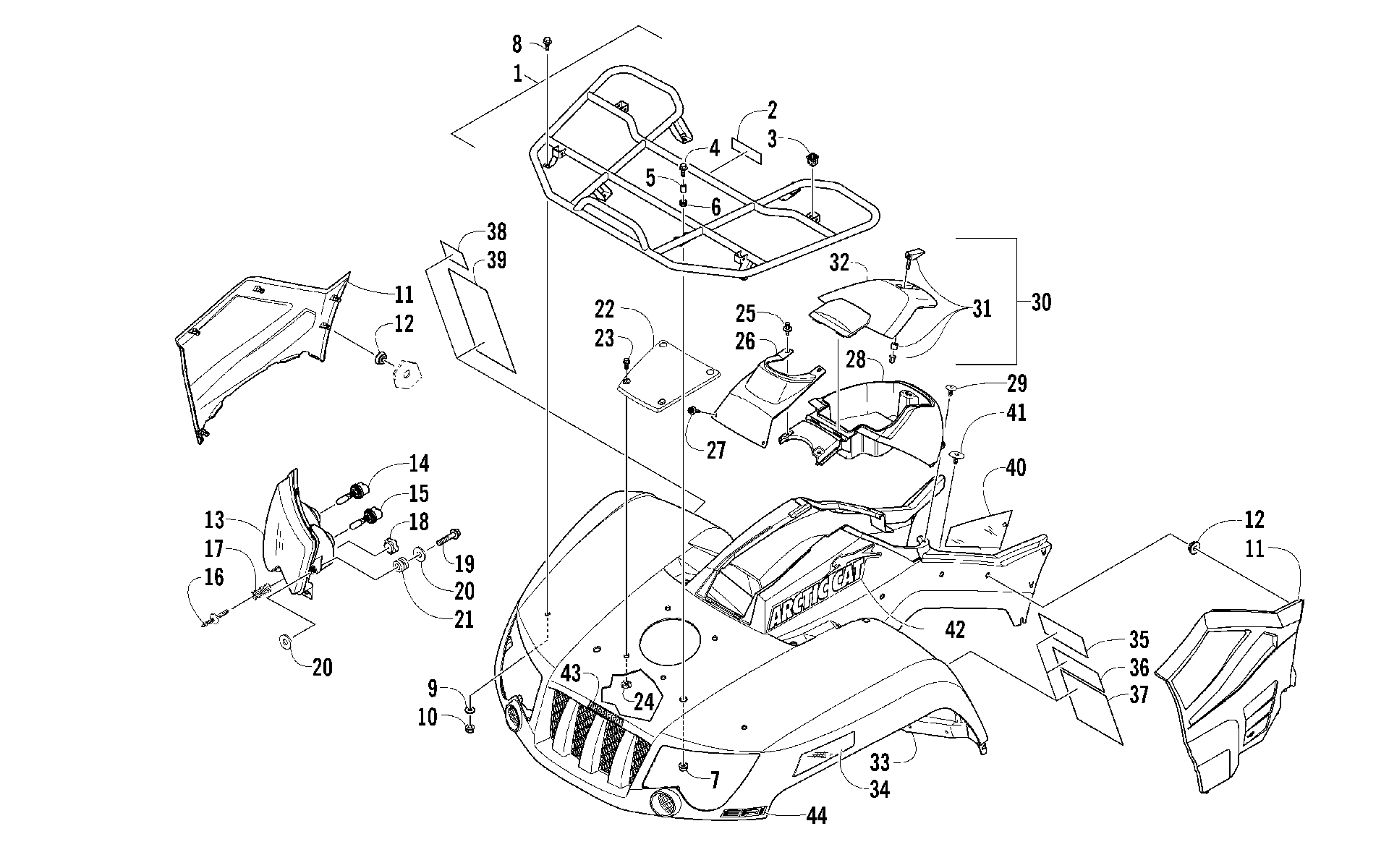Передняя часть RACK, BODY PANEL, AND HEADLIGHT ASSEMBLIES [97288]