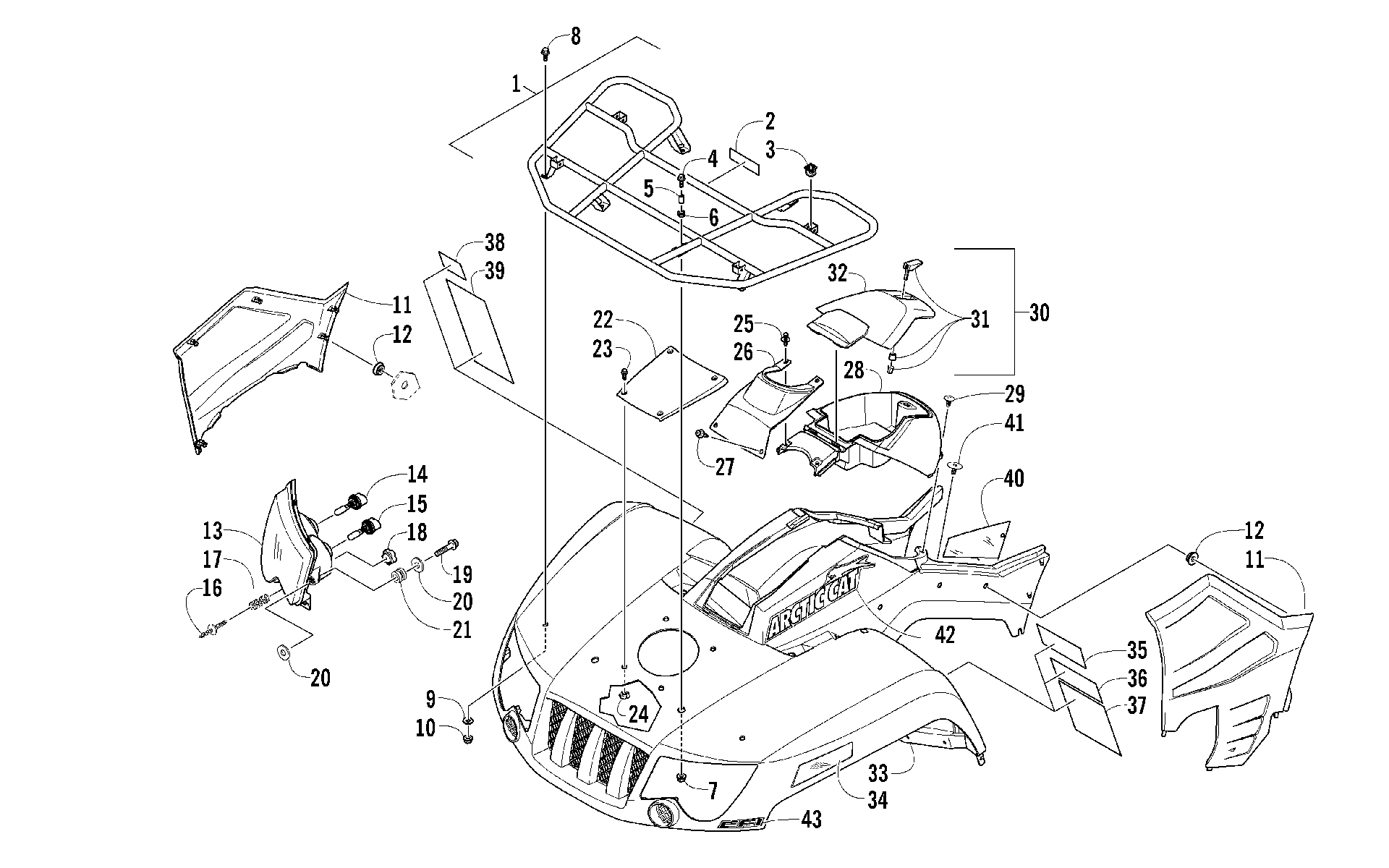 Передняя часть RACK, BODY PANEL, AND HEADLIGHT ASSEMBLIES [97340]