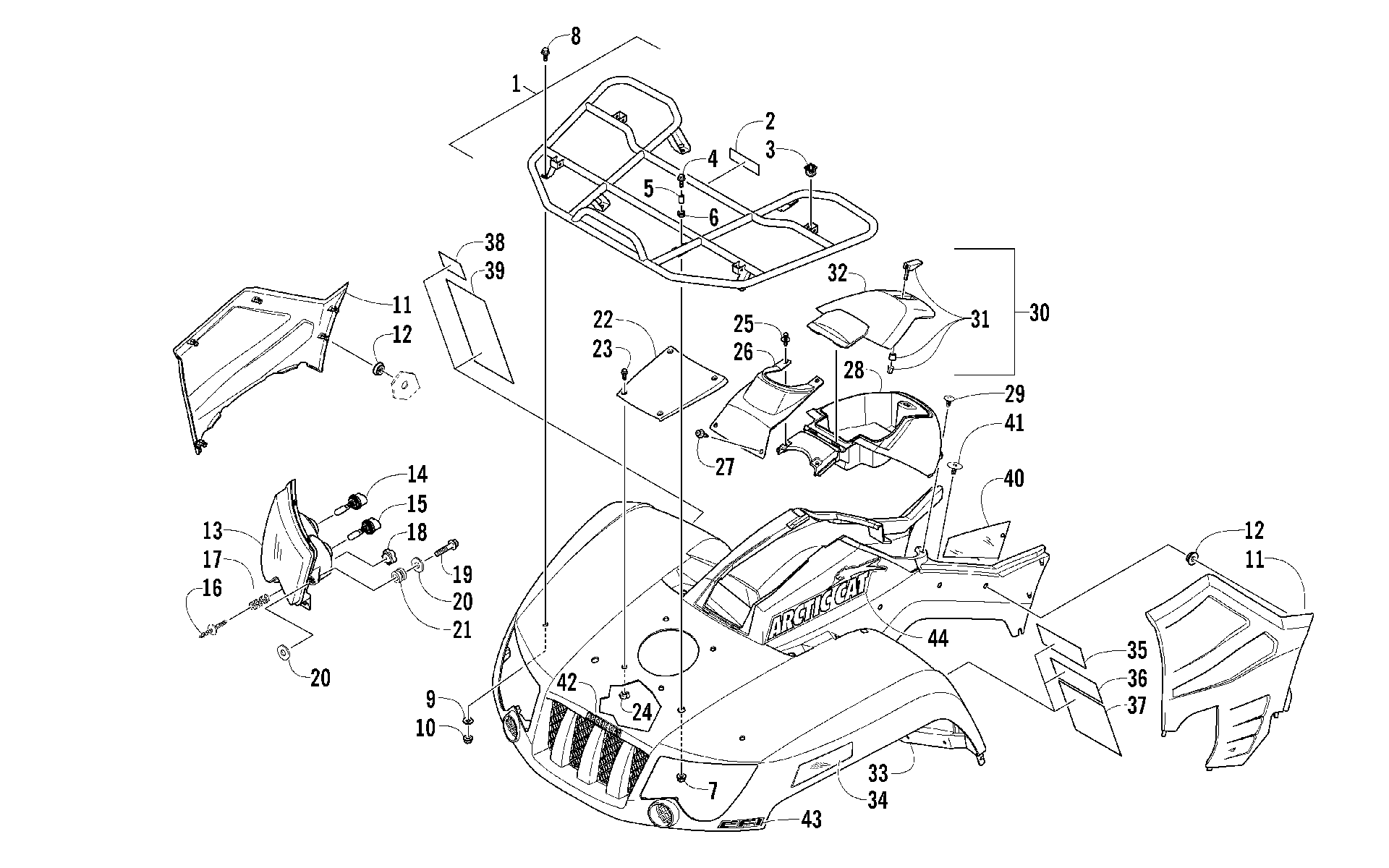 Передняя часть RACK, BODY PANEL, AND HEADLIGHT ASSEMBLIES [97191]