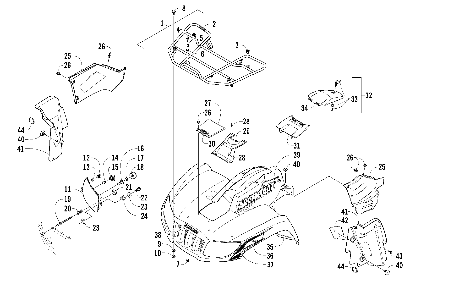 Передняя часть RACK, BODY PANEL, AND HEADLIGHT ASSEMBLIES [96903]