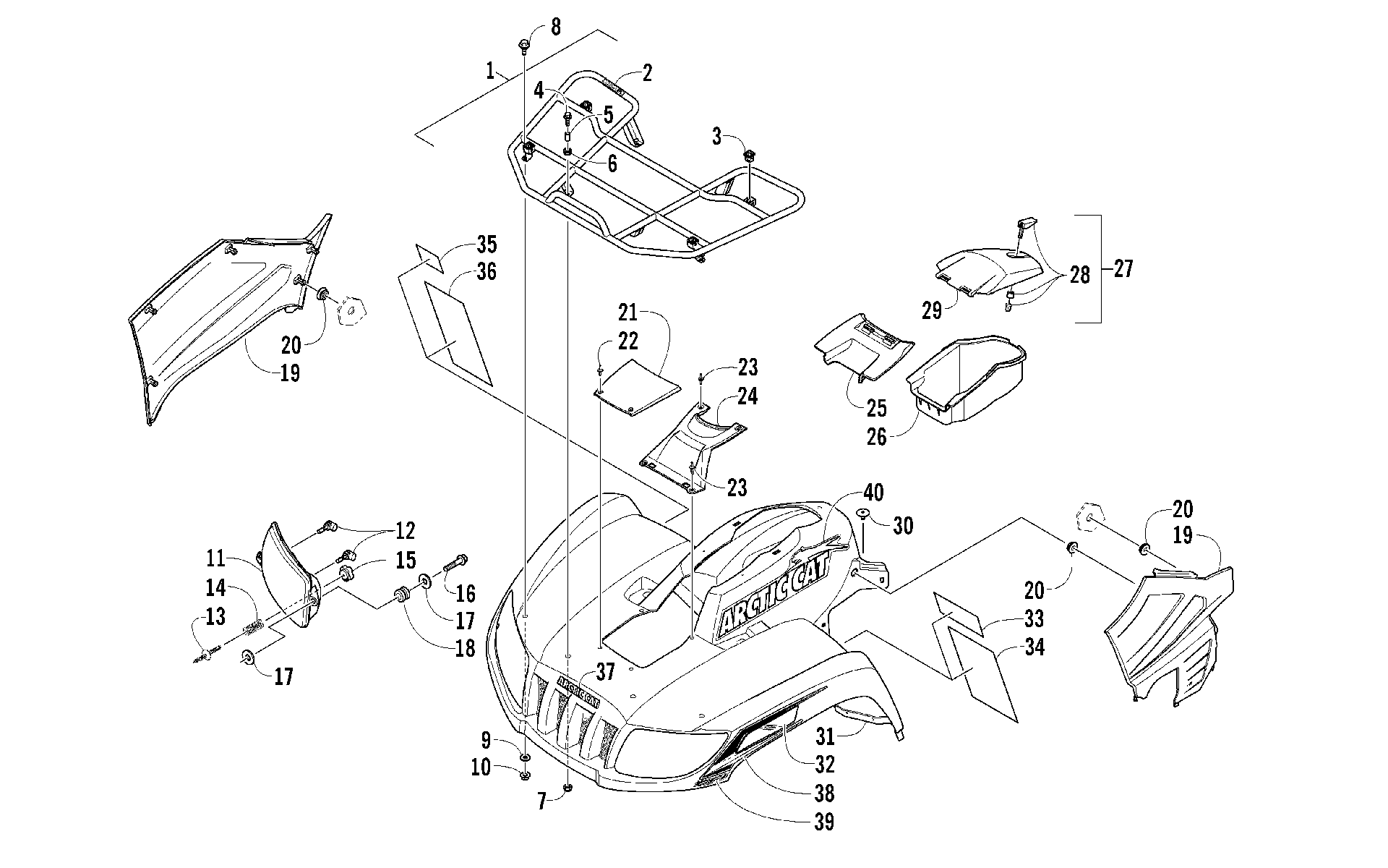 Передняя часть RACK, BODY PANEL, AND HEADLIGHT ASSEMBLIES [98019]