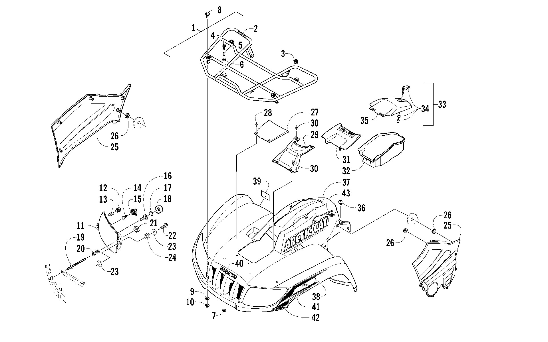 Передняя часть RACK, BODY PANEL, AND HEADLIGHT ASSEMBLIES [96957]