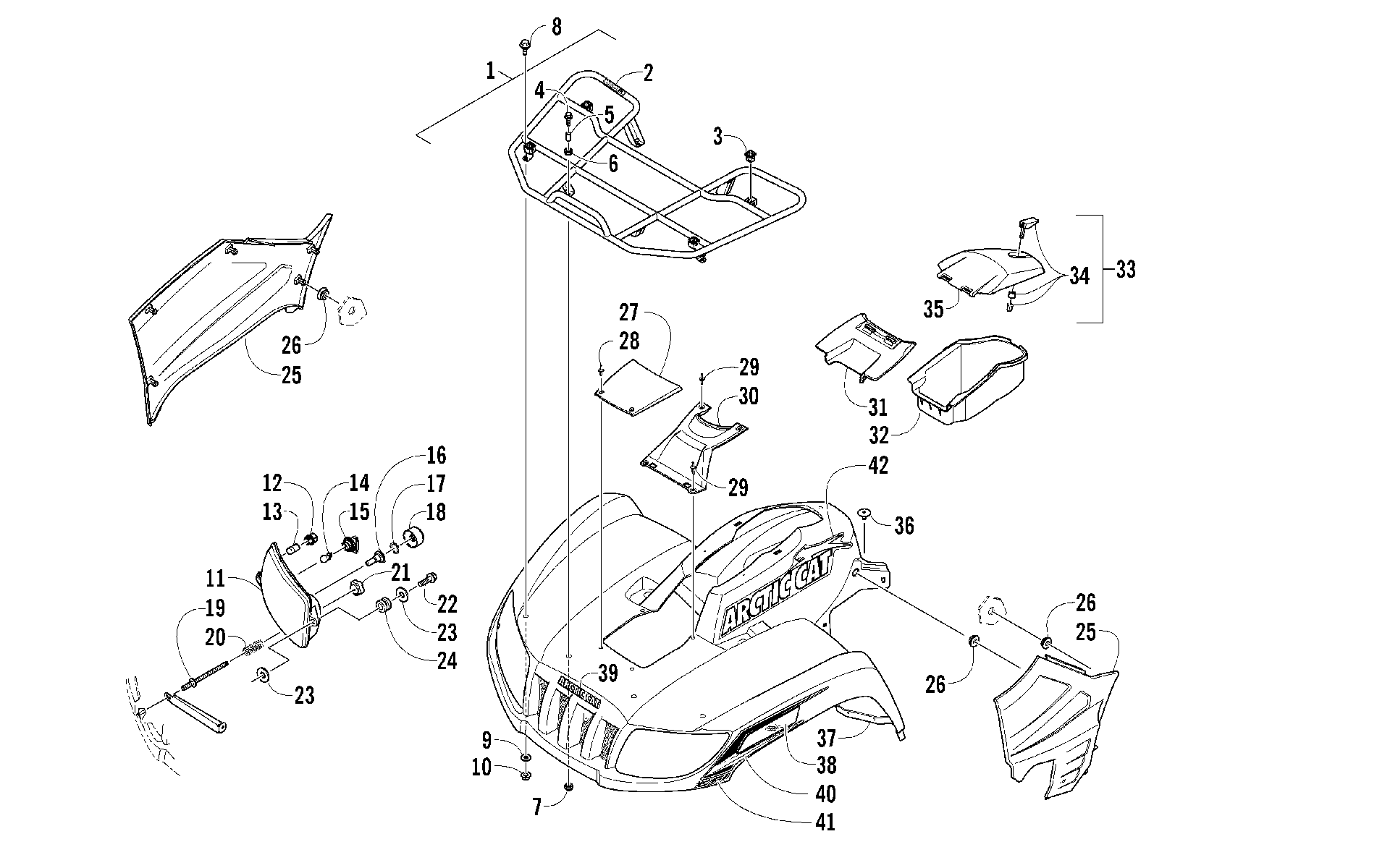 Передняя часть RACK, BODY PANEL, AND HEADLIGHT ASSEMBLIES [97013]